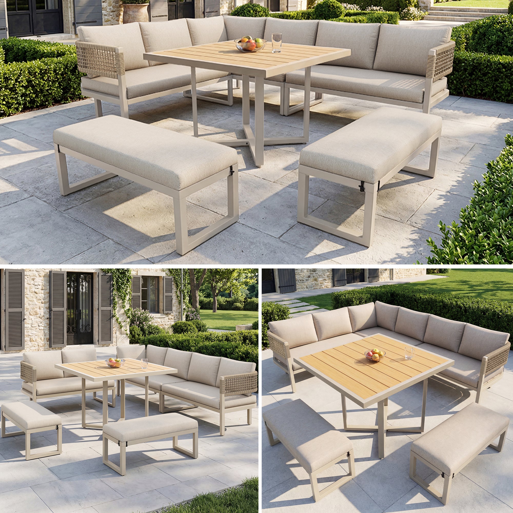 Ensemble de meubles de jardin en tressée main pour 8 à 10 personnes avec coussin, salon de jardin en métal avec canapé, table à manger, banc - beige - 2