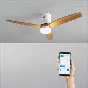 CREATE / WINDCUP/Ventilateur de plafond avec lumière et télécommande, blanc lames bois naturel / 40W, Silencieux, 132 cm, 6 vitesses, minuterie, été- hiver, double hauteur, moteur DC