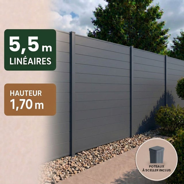 Kit clôture RECIFE Aluminium anthracite 5,47m poteau 60x70mm gris à sceller 1,7m