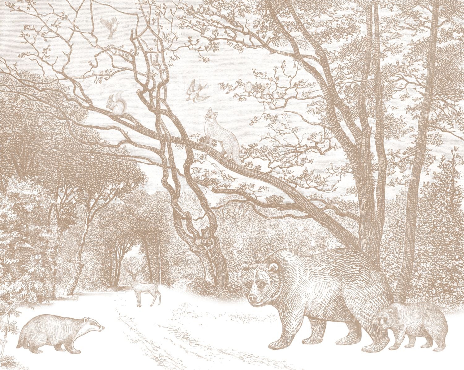 Fotomural bosque con animales del bosque beige - 3,5 x 2,79 m ...