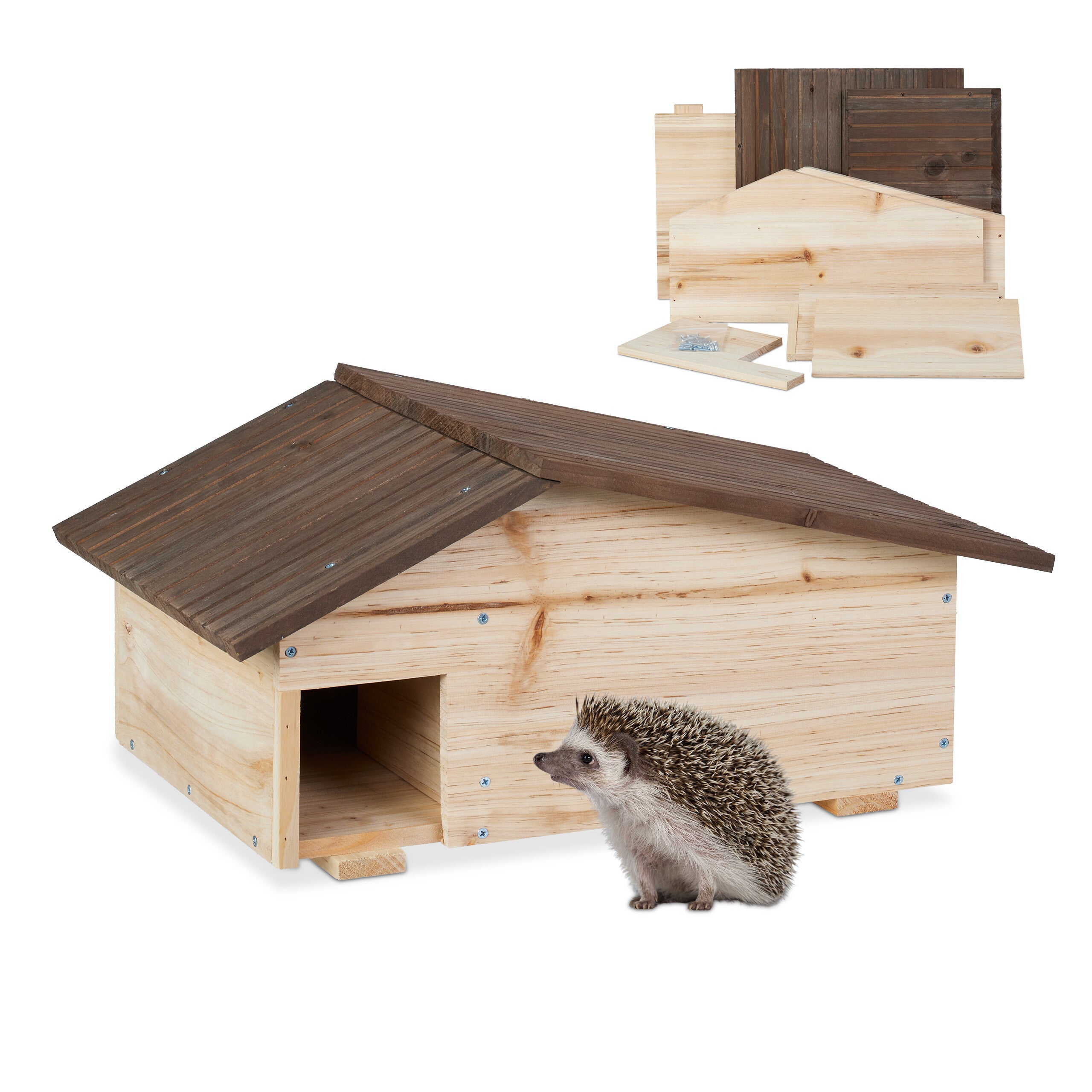 Casetta Per Ricci In Legno Naturale 45x34x28.5 Cm, Rifugio Per Fauna Selvatica Da Giardino