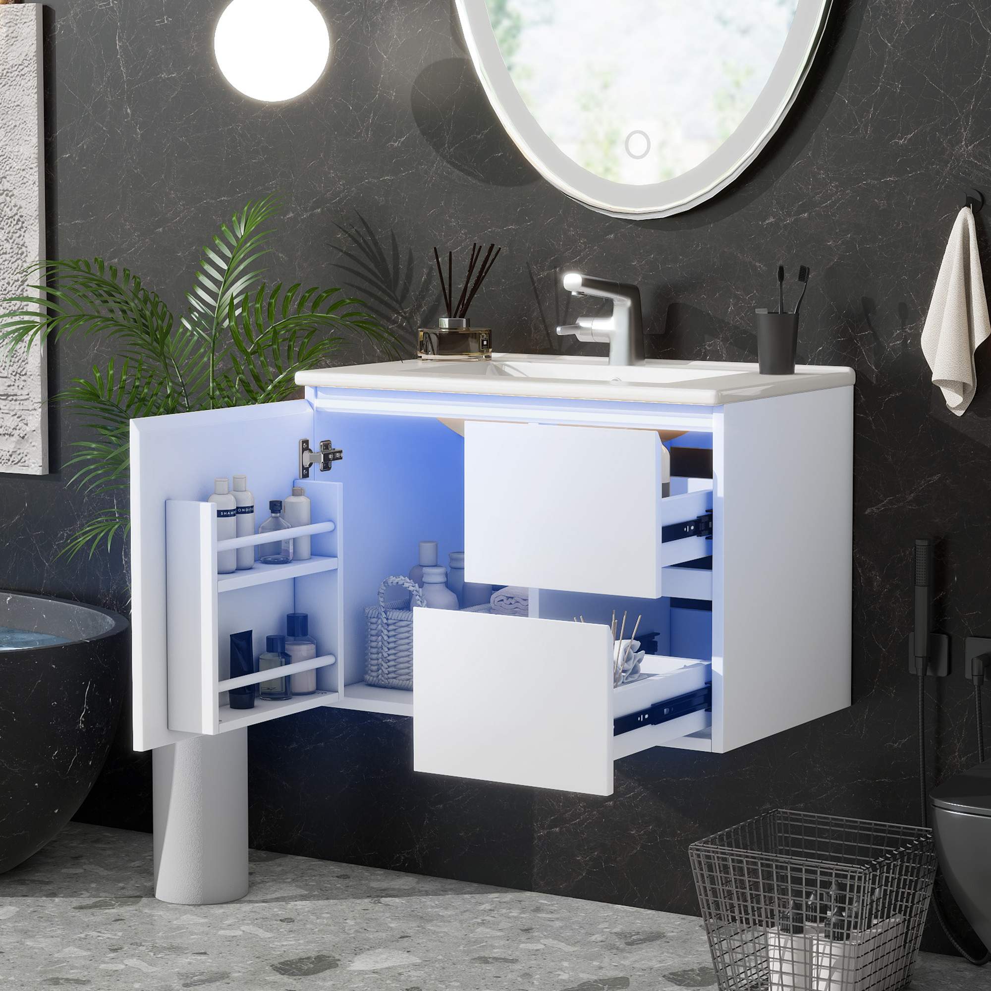 Wisząca szafka łazienkowa 76 x 46 x 50 cm z lakierowanego na biało MDF z wbudowaną ceramiczna umywalką, czujnikiem radarowym LED i półkami bocznymi