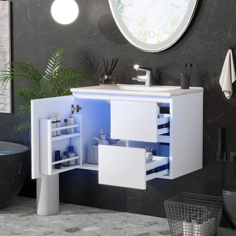 Wisząca szafka łazienkowa 76 x 46 x 50 cm z lakierowanego na biało MDF z wbudowaną ceramiczna umywalką, czujnikiem radarowym LED i półkami bocznymi