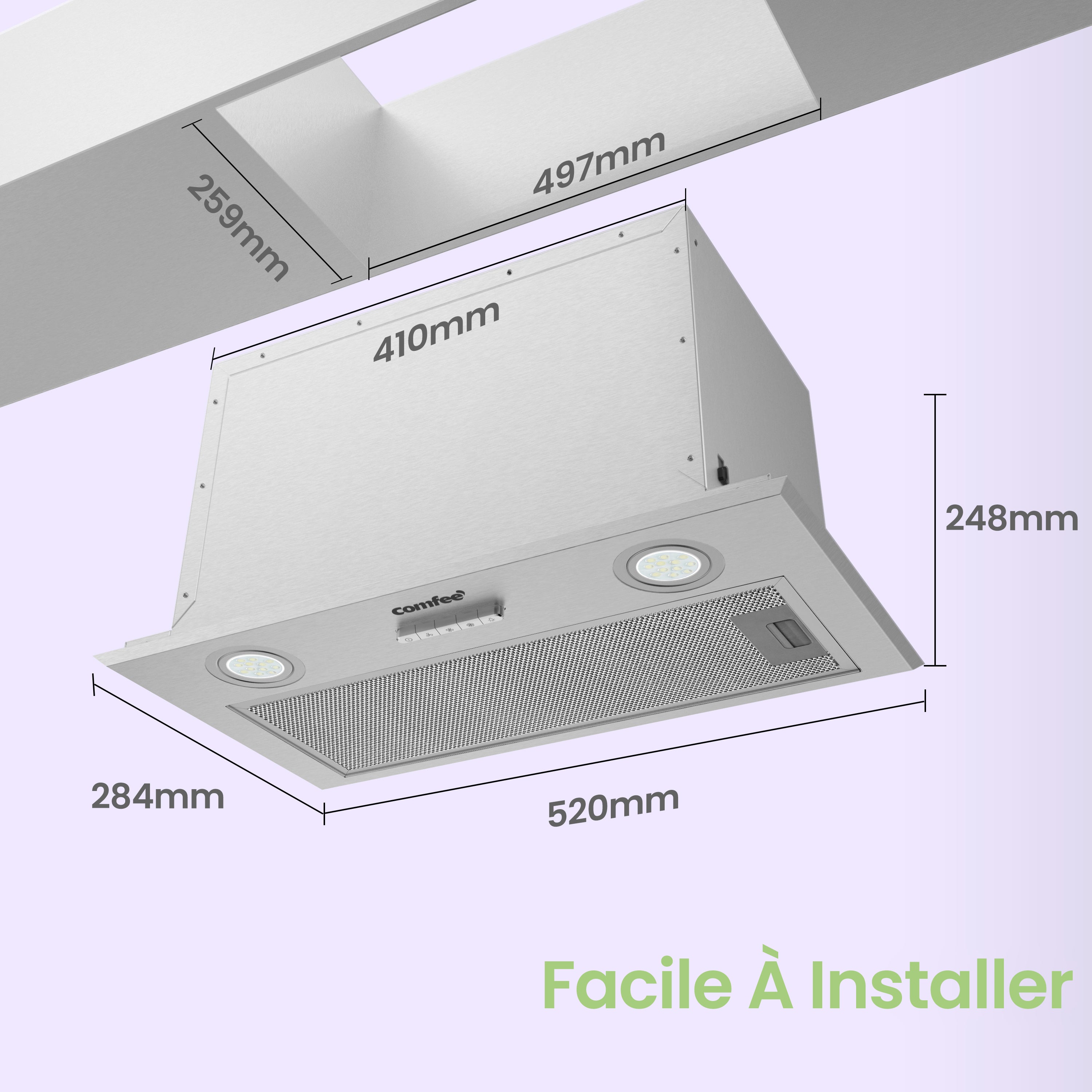 COMFEE Hotte Aspirante Encastrable Visière 52cm - 440m³/h - 3 Vitesses -Recyclage Évacuation-2 LED Lampes - 8
