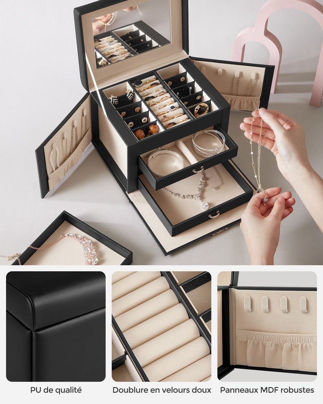 Boîte à Bijoux 4 Niveaux, avec Poignées, 3 Tiroirs, Miroir, Serrure, Rangement Bijoux pour Voyages, Surface Noir d'Encre, Doublure Beige Sable - 6