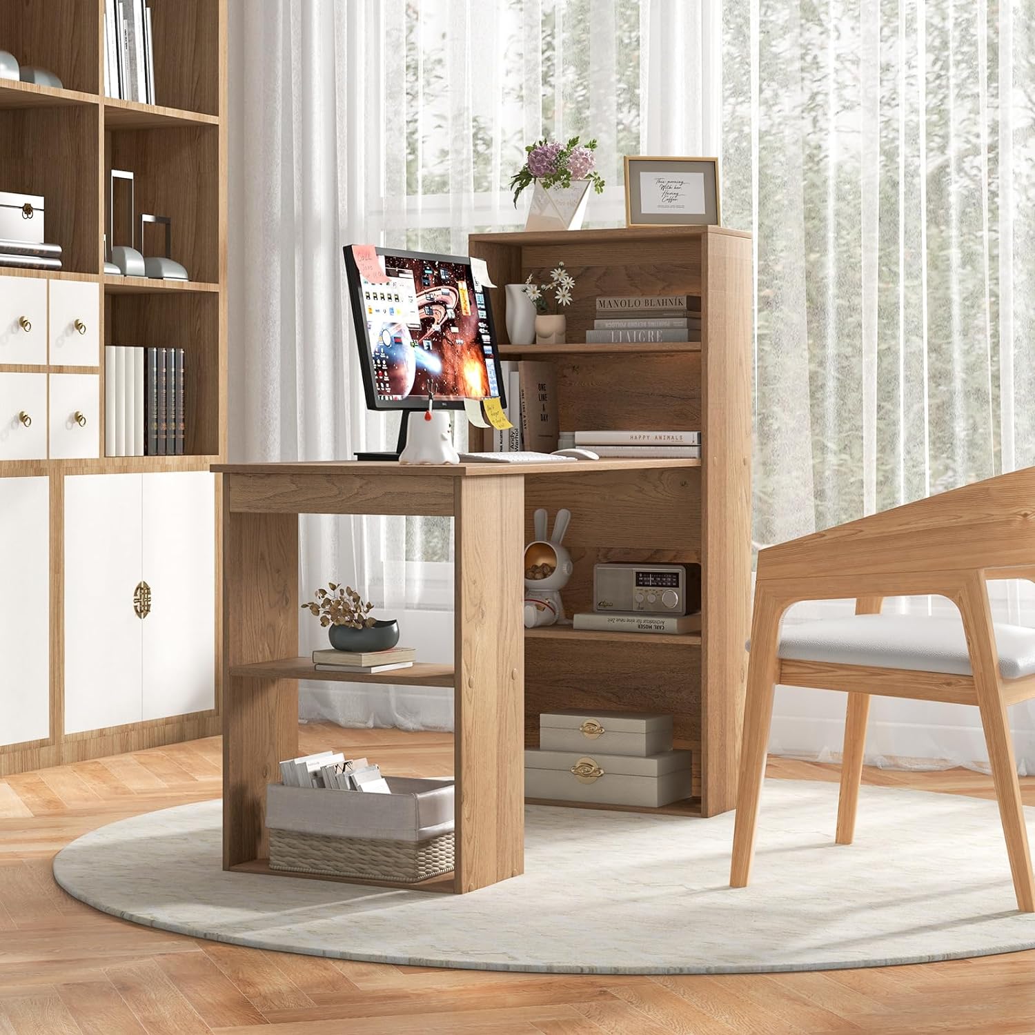 Bureau d'Ordinateur Réversible avec Bibliothèque,Assemblage Facile, pour Maison, Bureaux (Naturel) - 3