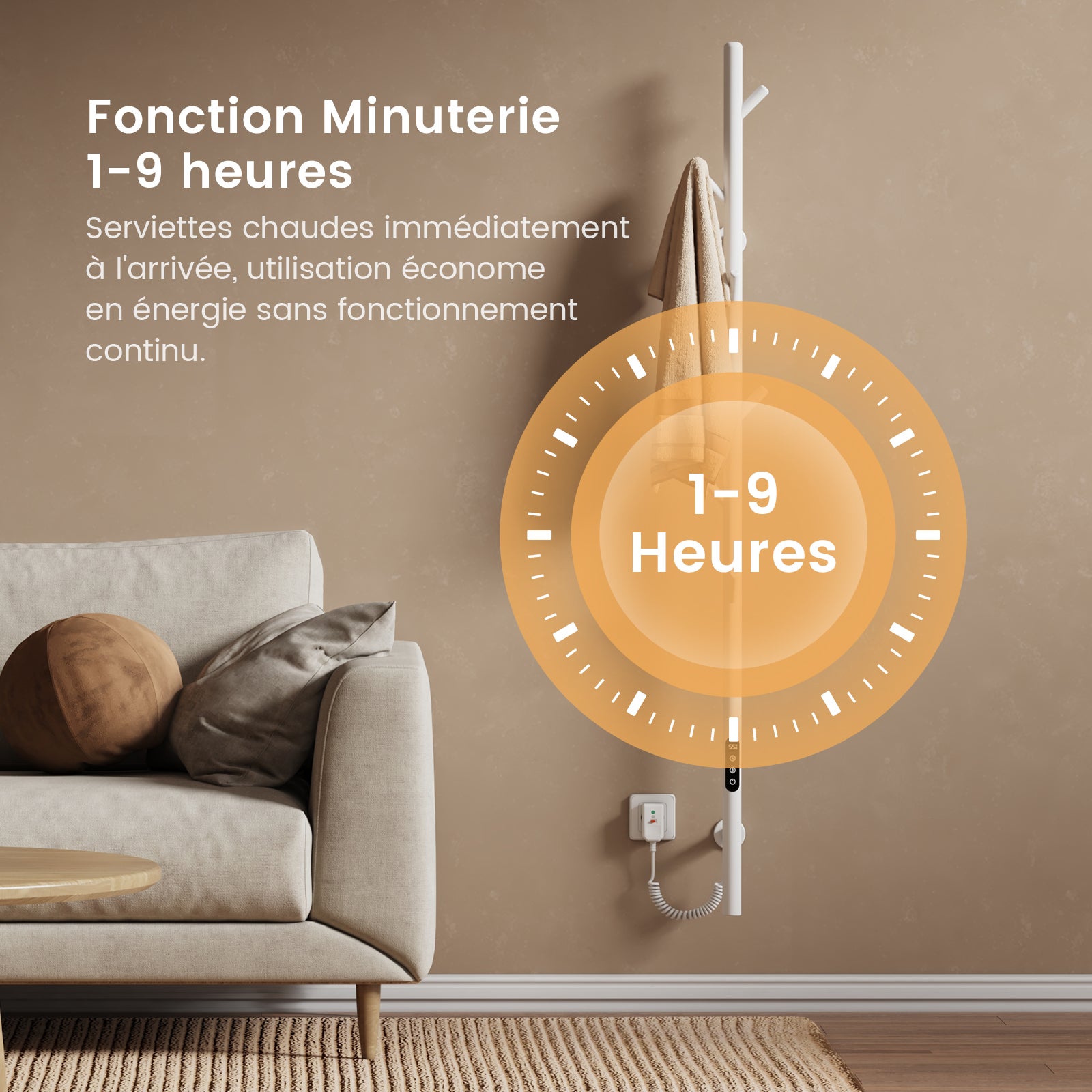 EMKE Chauffe-serviettes Électrique, thermostat intelligent WiFi, sèche-serviettes électrique, barre unique, 150 cm de hauteur, Blanc - 4