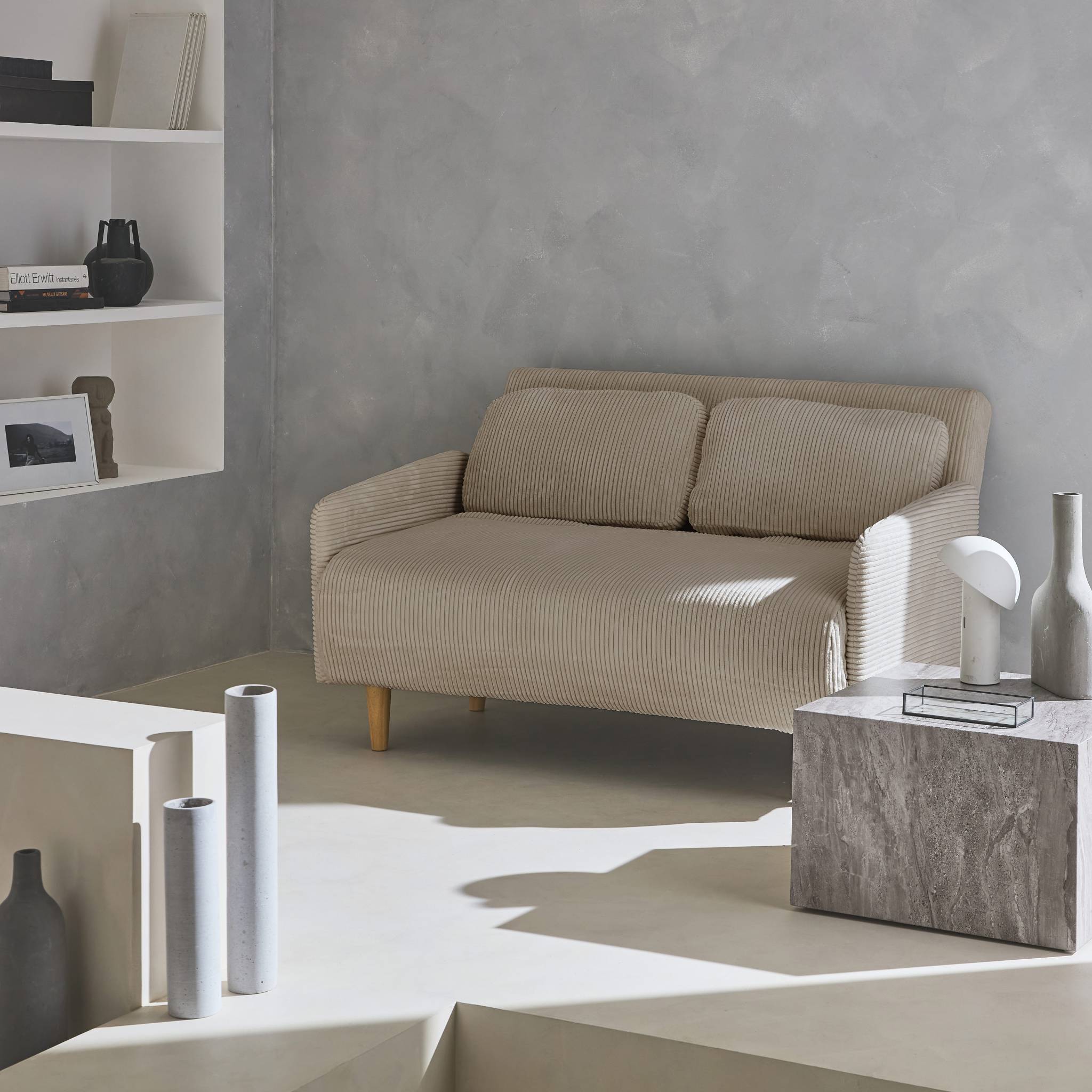 Canapé convertible en velours côtelé - Panam - 2 places scandinave. pieds bois. beige/greige. banquette. dossier - 5