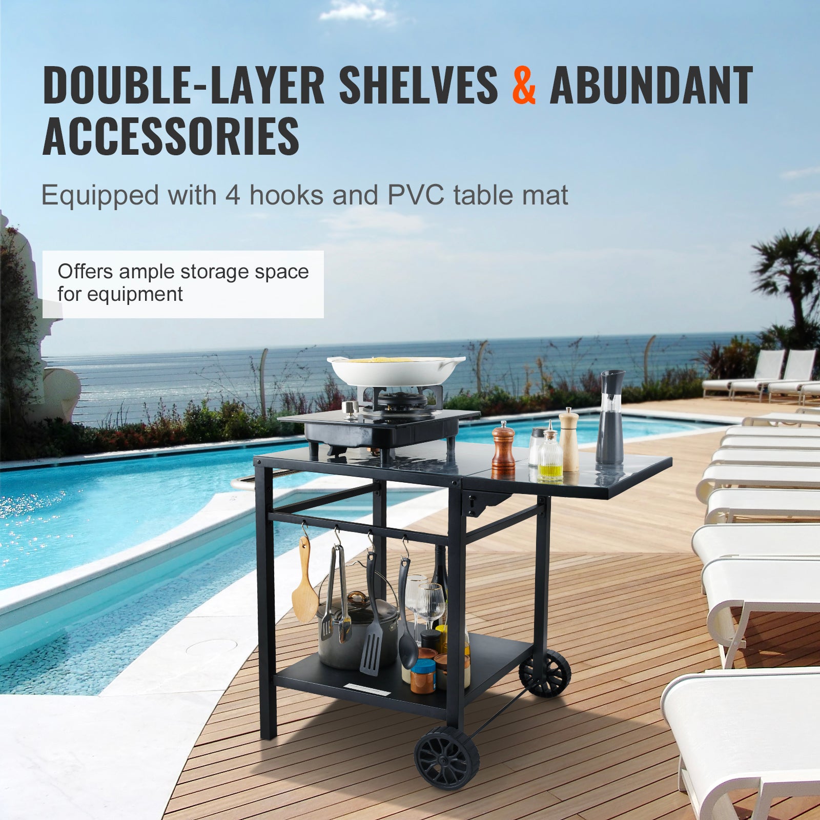 Desserte Plancha à VEVOR 2 Niveaux Chariot de Barbecue avec Plan de Travail Pliable Table de Barbecue sur Roulettes pour Préparation de Cuisine BBQ - 4
