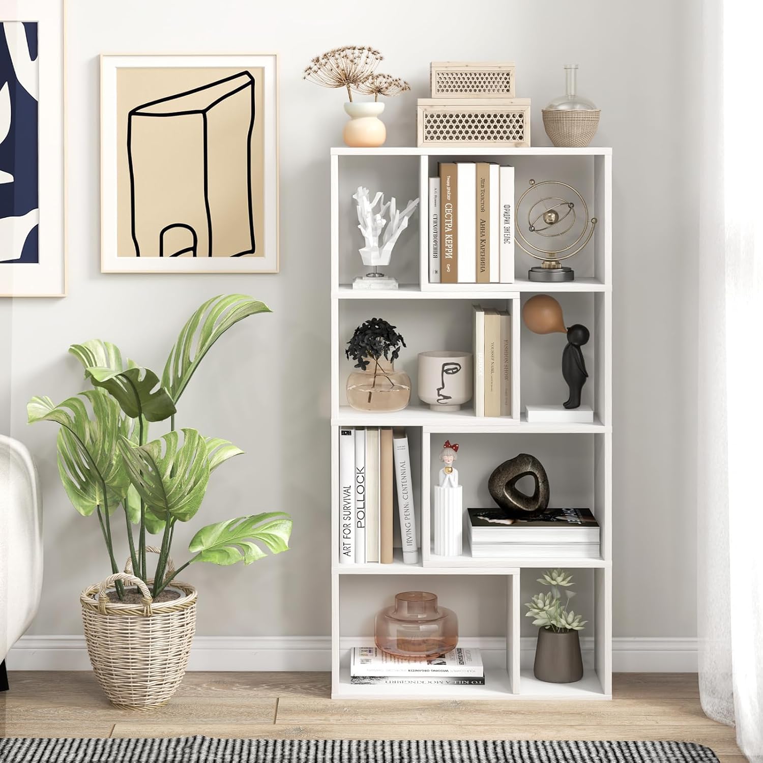 Librería De Pared Con Armario KOMFOTTEU - 180 Cm De Alto, 4 Estantes Abiertos Y 1 Con Puertas, Blanco, Para Salón U Oficina