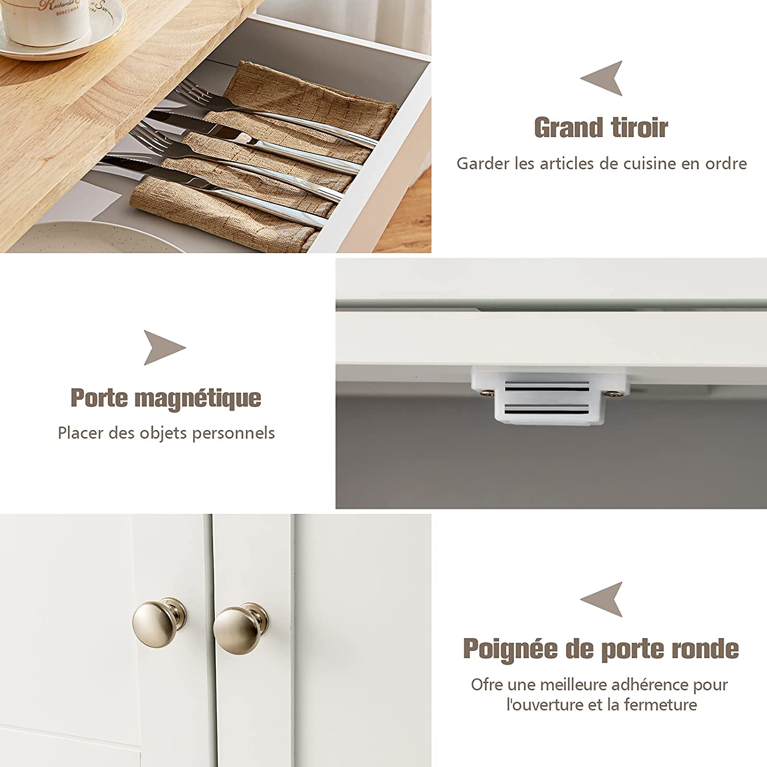 Aparador de cozinha com rodízios, tabuleiro de arrumação de cozinha em madeira de Hevea, gaveta, suporte para garrafas de 3 níveis e 2 pratele - 2