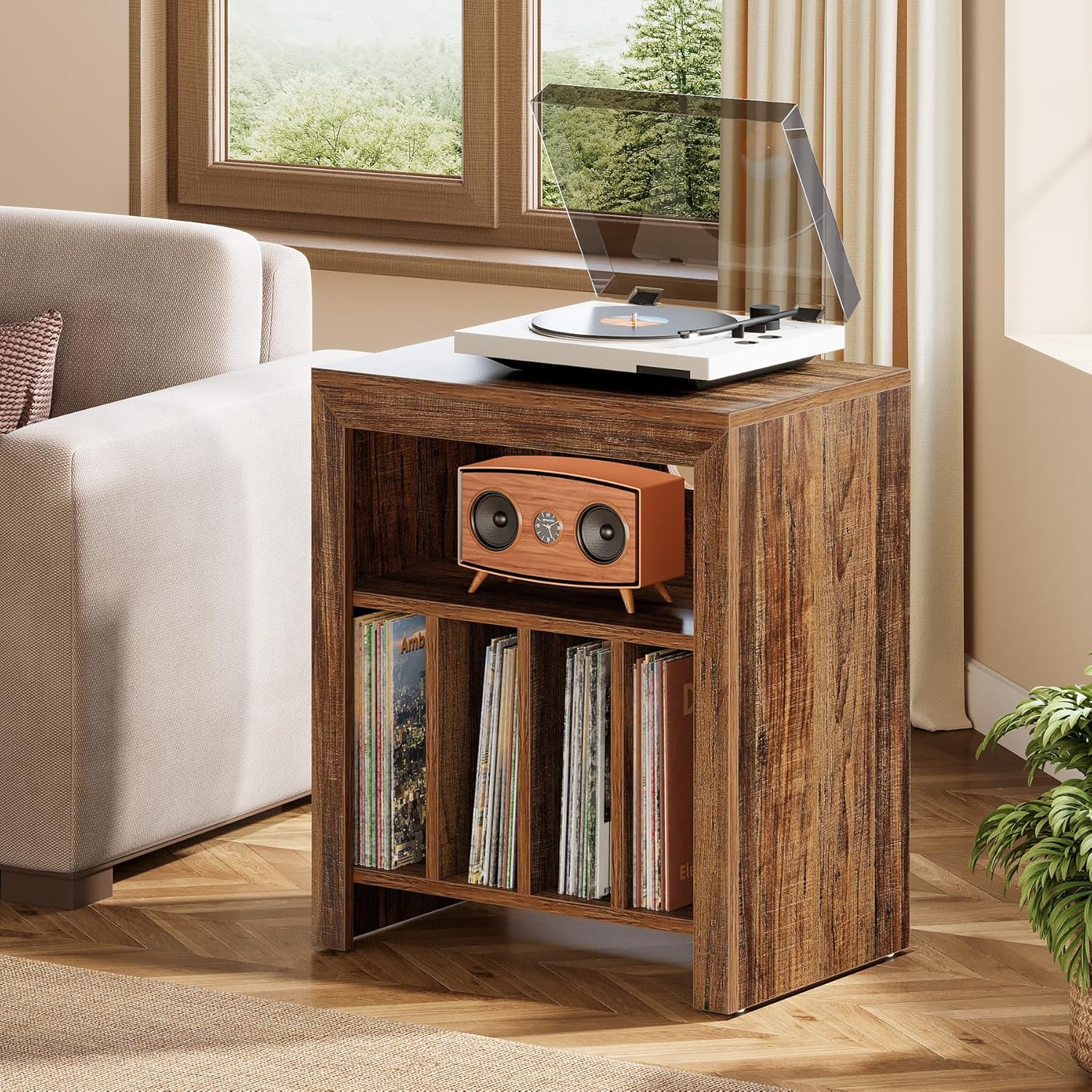LELELINKY Supporto Per Dischi In Legno 4 Ripiani - Tavolo Per Giradischi Mid-Century, Marrone Rustico, Contiene Fino A 100 Vinili