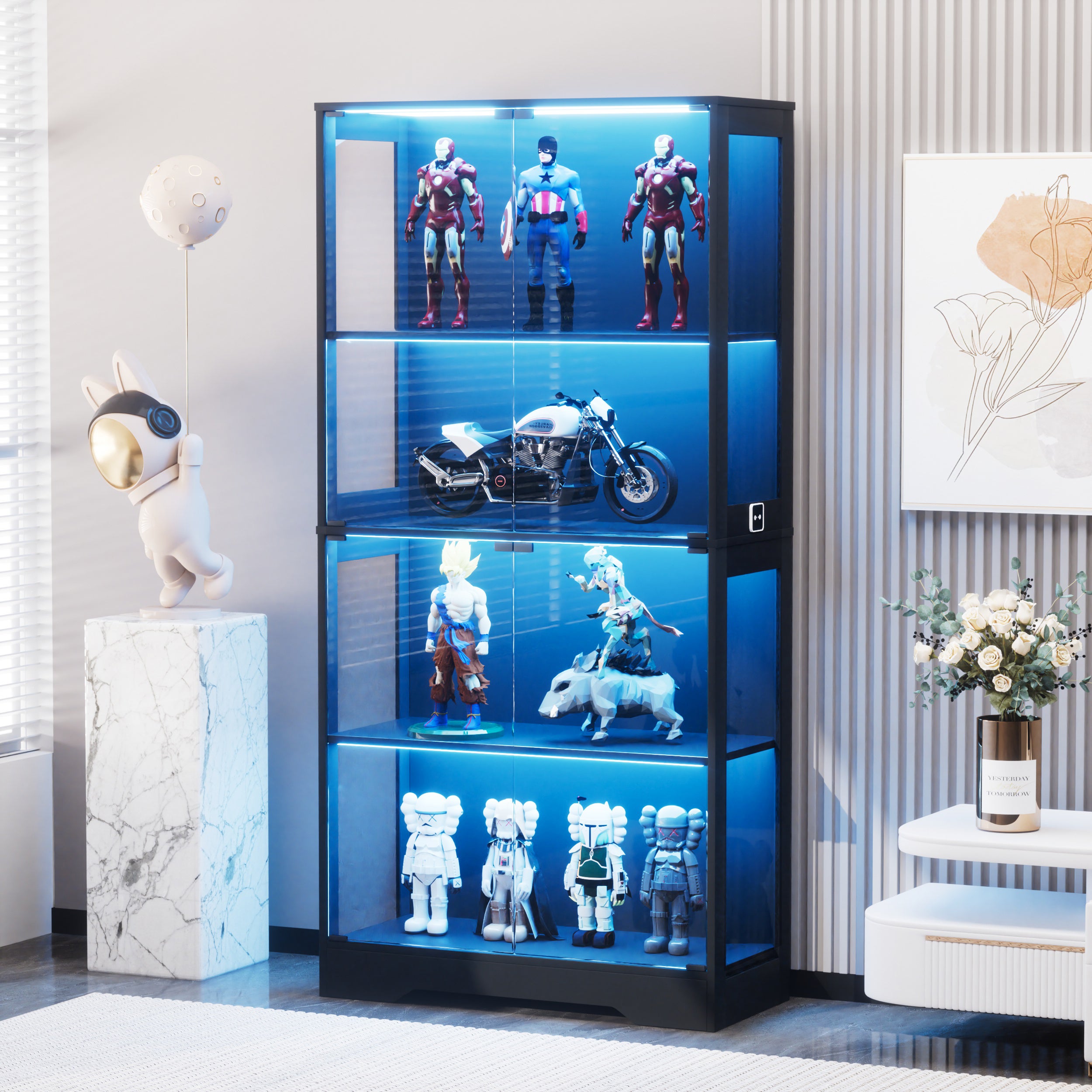 Vitrine De Présentation En Verre Avec éclairage LED - 4 étagères, Portes Vitrées, Capteur De Mouvement - Dimensions 80x35x165 Cm