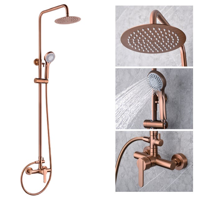 Columna de ducha con grifo monomando | Rociador Redondo acero inox. S.304 Ø20 cm | Extraplano Antical Acabado Oro Rosa Cepillado