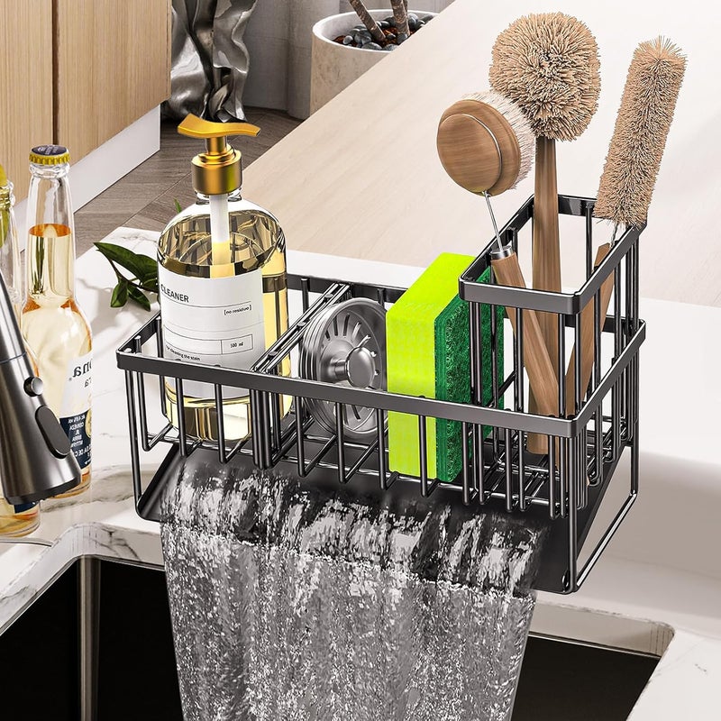 Uchwyt na Gąbkę do Zlewu Kuchennego Organizer do zlewu ze Stali Nierdzewnej Automatyczną Tacką Ociekową Przechowywanie Gąbki Zlewu Kuchennego Czarny