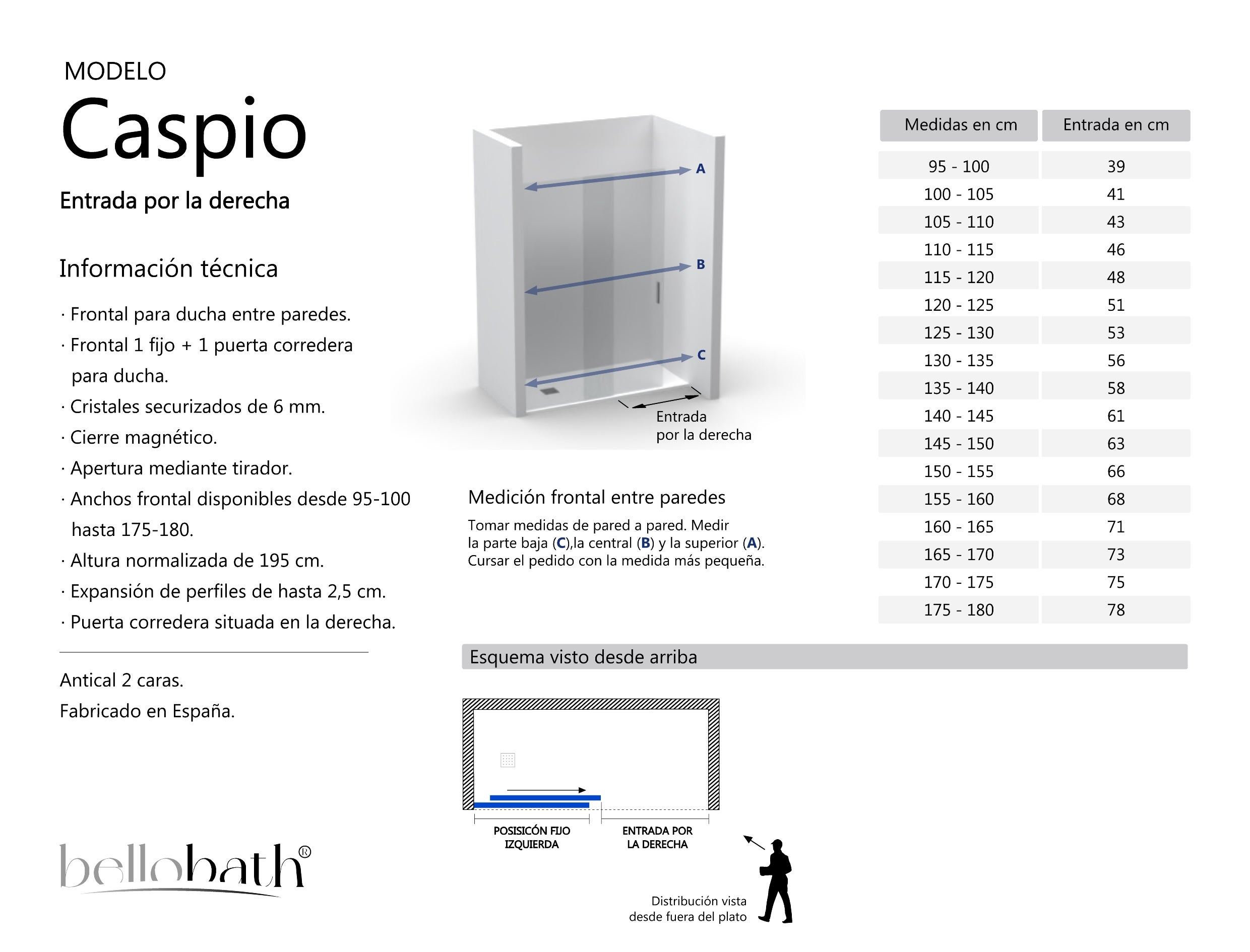 BELLOBATH - Mampara de Ducha Frontal Corredera + Fijo - Vidrio Templado 6mm Antical - Negro Mate - Ancho 135 a 140cm - Puerta Derecha -Alto 195cm - 5