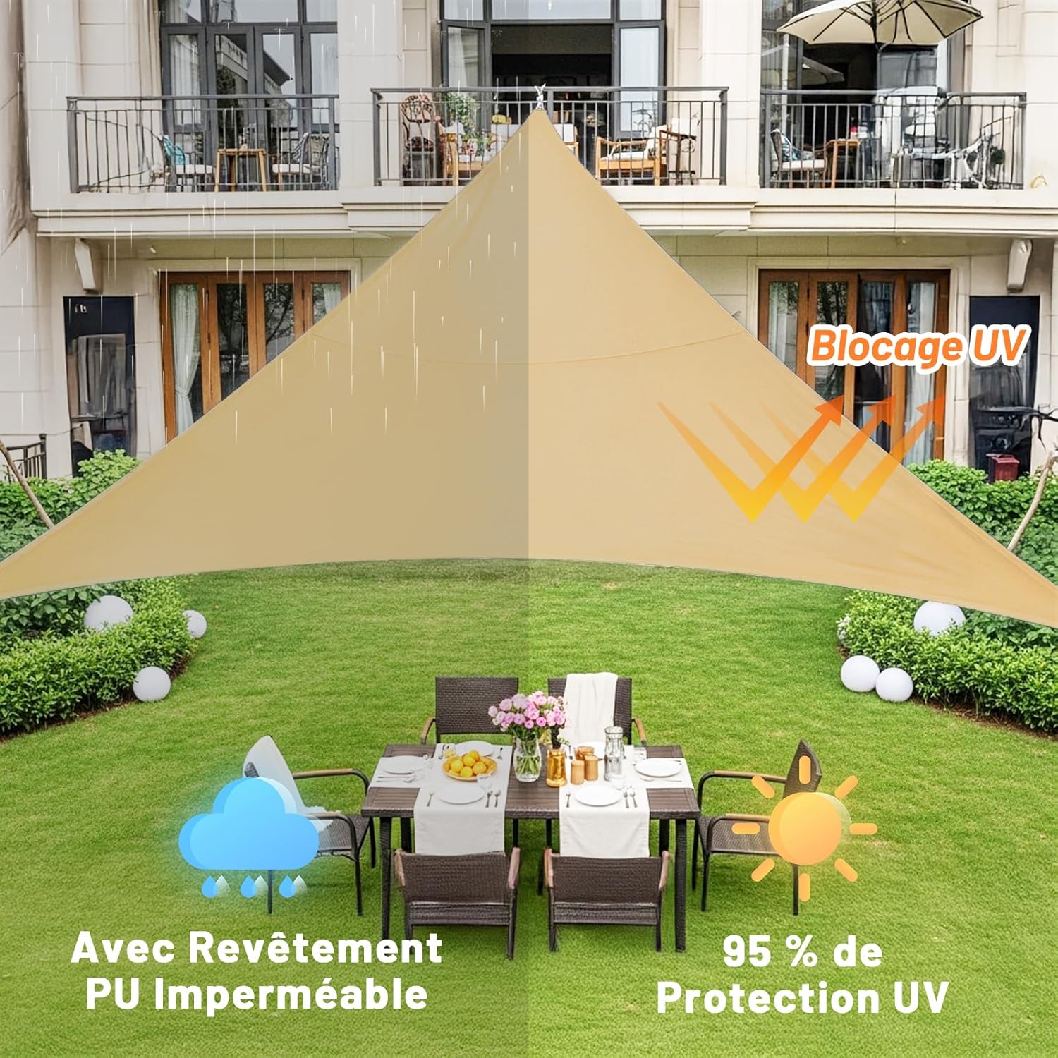 Voile d'ombrage Triangulaire Imperméable 3x3x3m Toile Ombrage PES avec 95% UV Protection pour Patio Extérieur Jardin Terrasse, Sable - 3