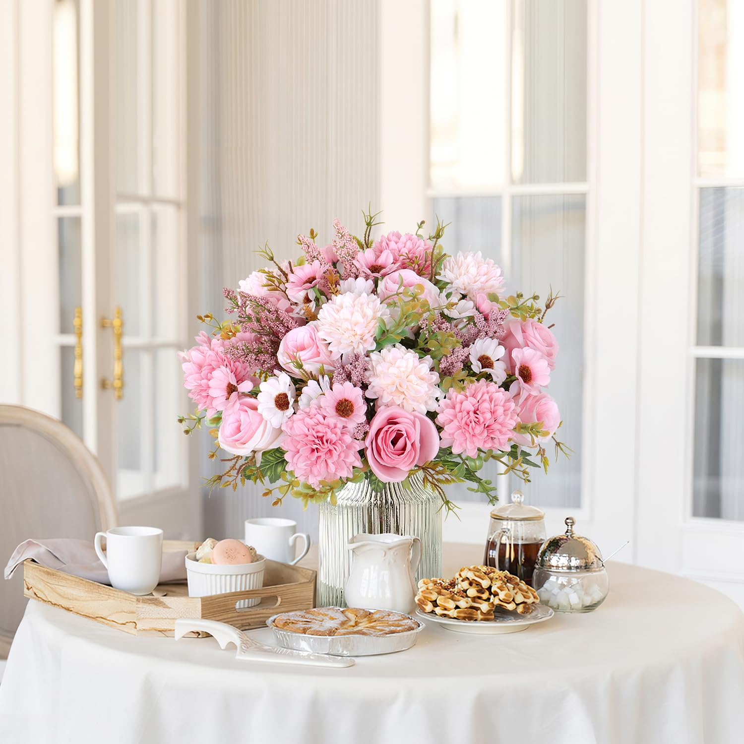 Lot de 4 bouquets de roses artificielles, 33 cm, roses en soie réalistes, pour décoration de table, cuisine, maison, rose - 5