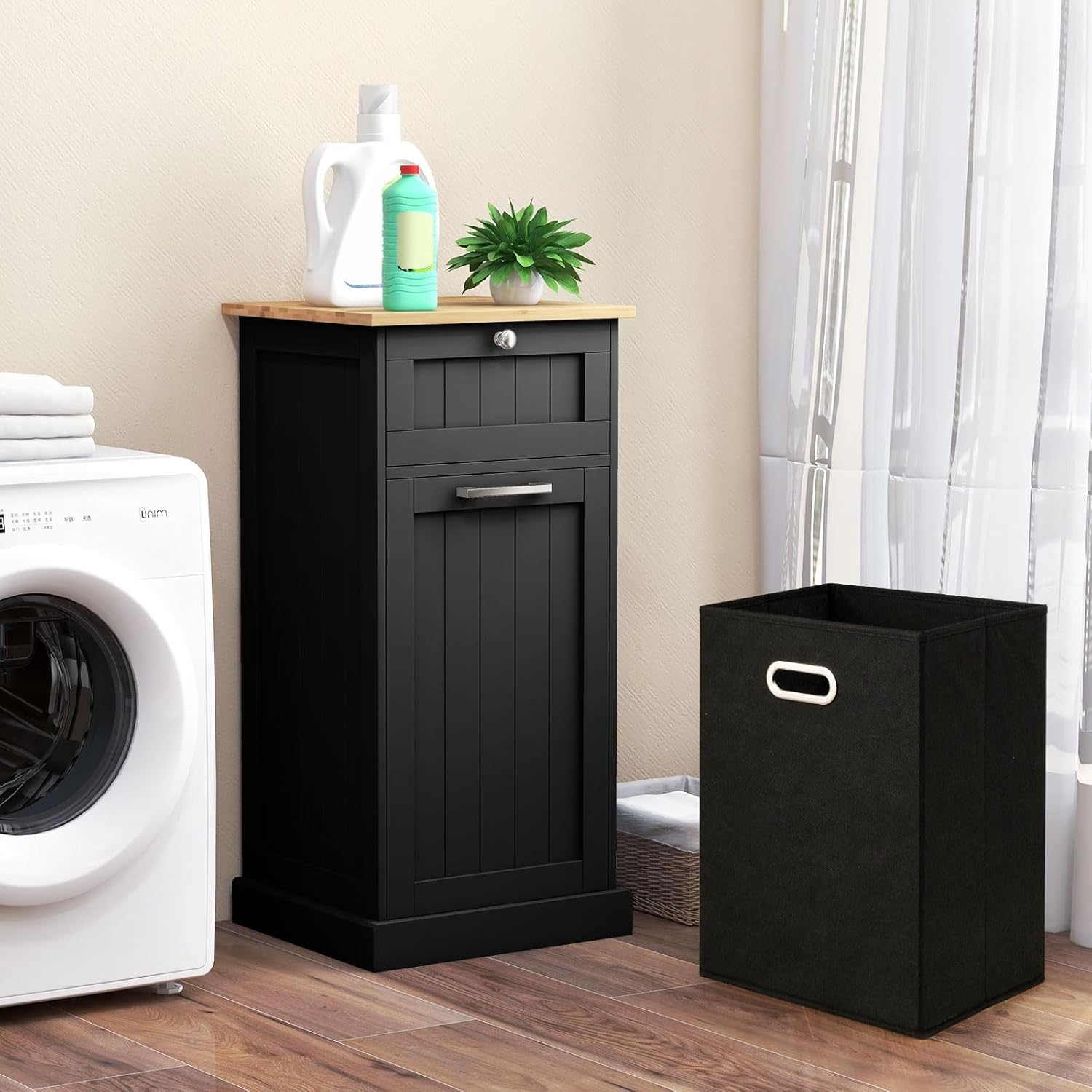 Panier à Linge avec Porte Basculante 38L, Meuble Salle de Bain Rangement 40 x 37 x 82 cm, Gain de Place, pour Petit Espace, Noir - 9