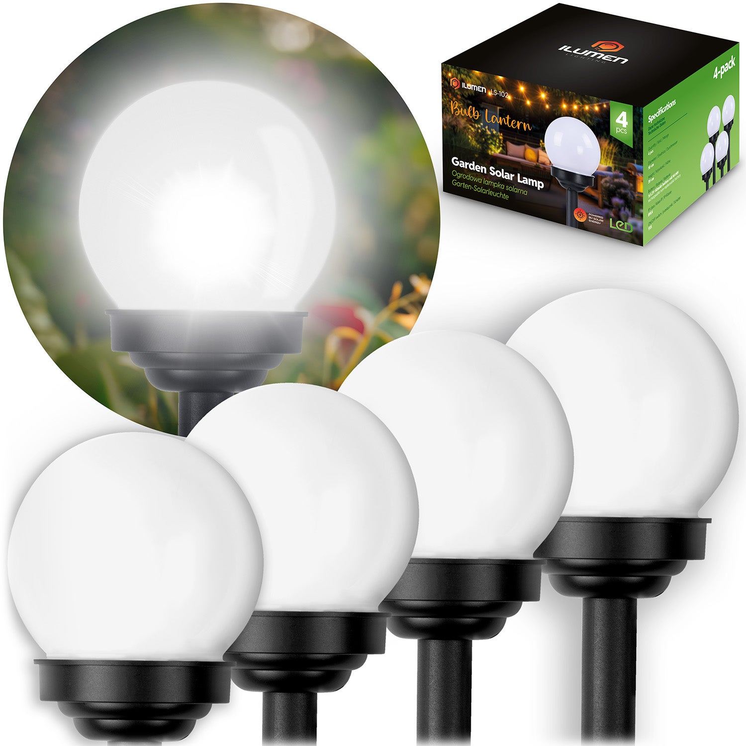 Lampki solarne do ogrodu kule czujnik zmierzchu wodoodporne zewnętrzne 4szt Ilumen
