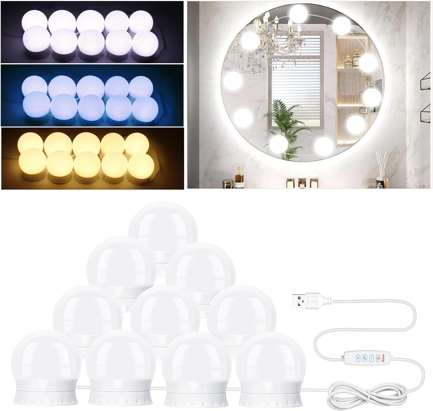 Lampa lustrzana z 10 diodami LED, 3 kolory, styl Hollywood, oświetlenie do makijażu, oświetlenie toaletki, do lustra łazienkowego