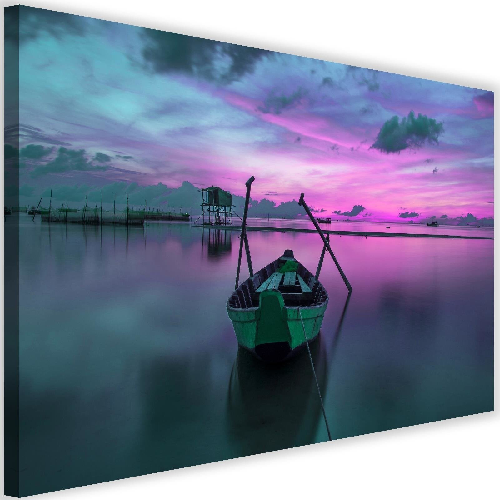 Obraz na płótnie, Jezioro zachód słońca łódka 90x60