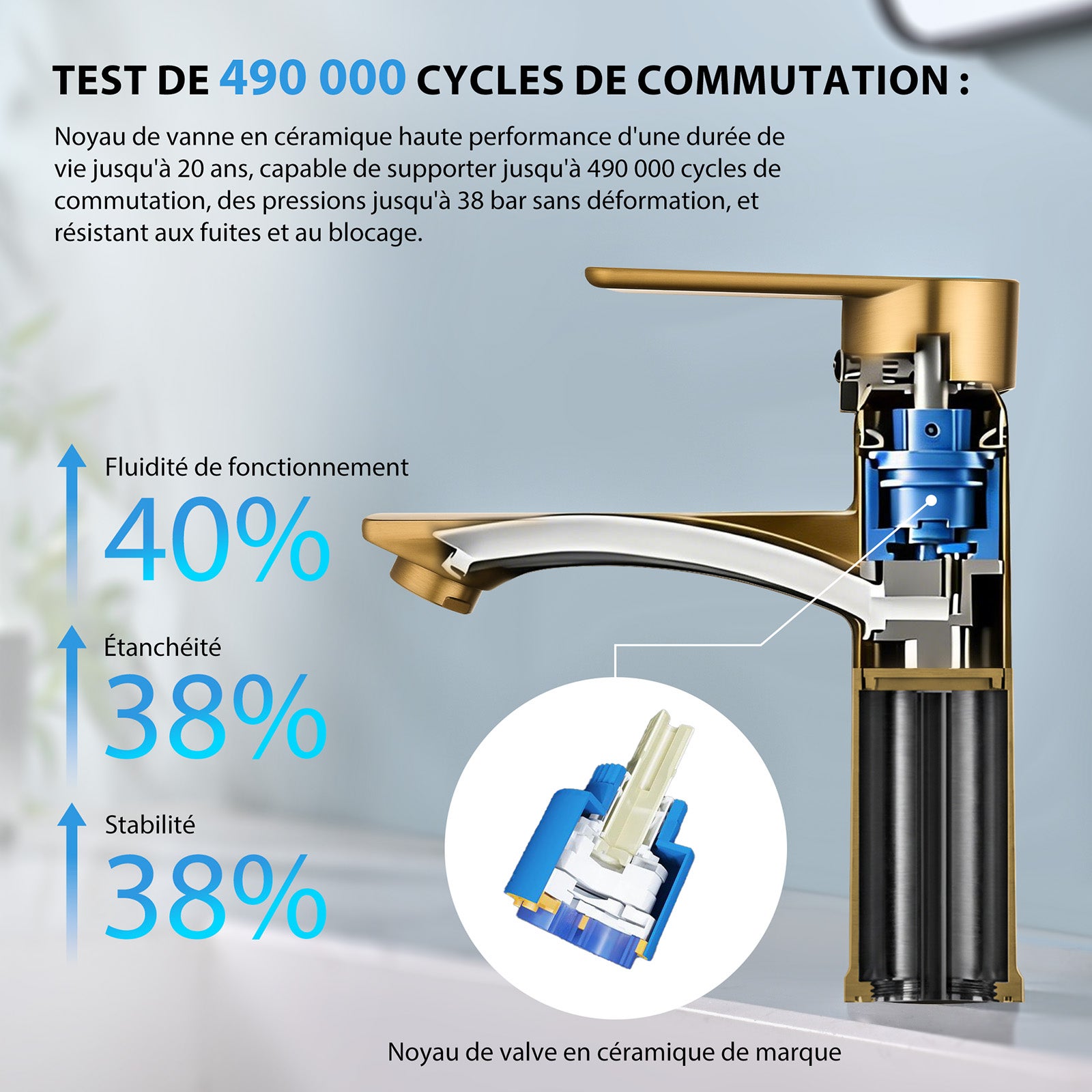 Mitigeur Lavabo Doré en Laiton avec Levier Unique, Robinet Salle de Bain Eau Chaude et Froide pour Lave-Mains - 5