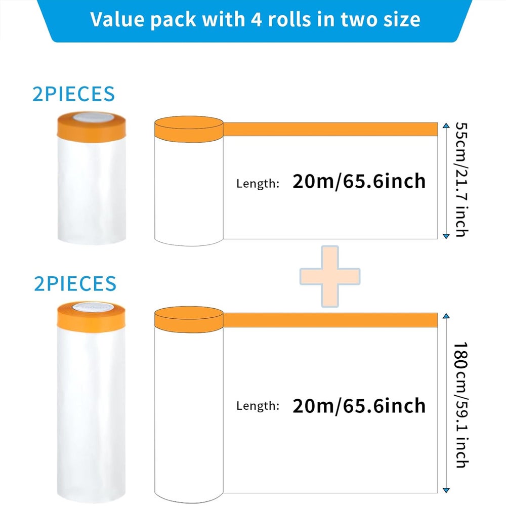 Lot de 4 Bâches de Bâche Protection Peinture, (80m au total)(2 Rouleaux 55cm x 20m + 2 Rouleaux 180cm x 20m) – ruban de masquage peinture - 2