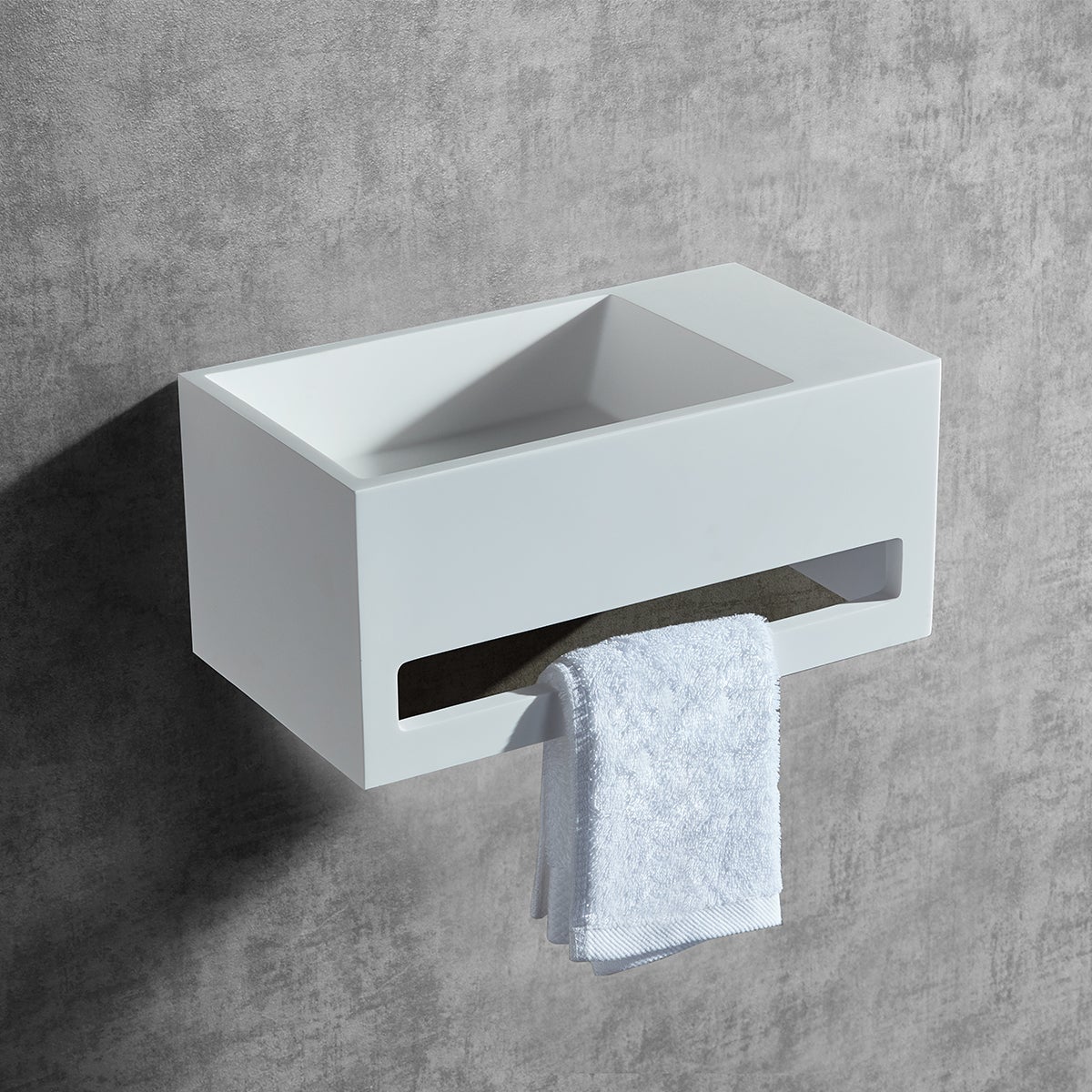 BERNSTEIN - Vasque murale design, Lave main fonte minérale Salle de bain - Blanc mat - 35,5x20x16cm - BA2105 Avec cache blanc + rangement à droite - 4