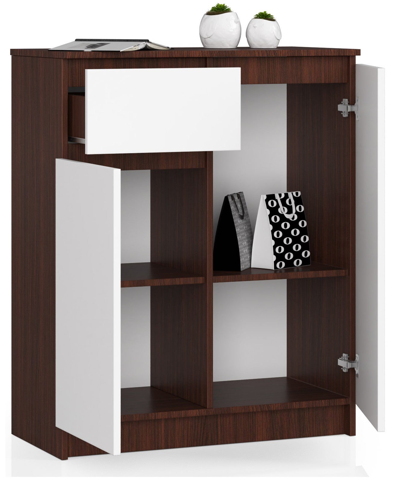 Komoda: 1 szuflada, 2 drzwi, 4 półki, wenge | biała, 80 x 99 x 40 cm - 2
