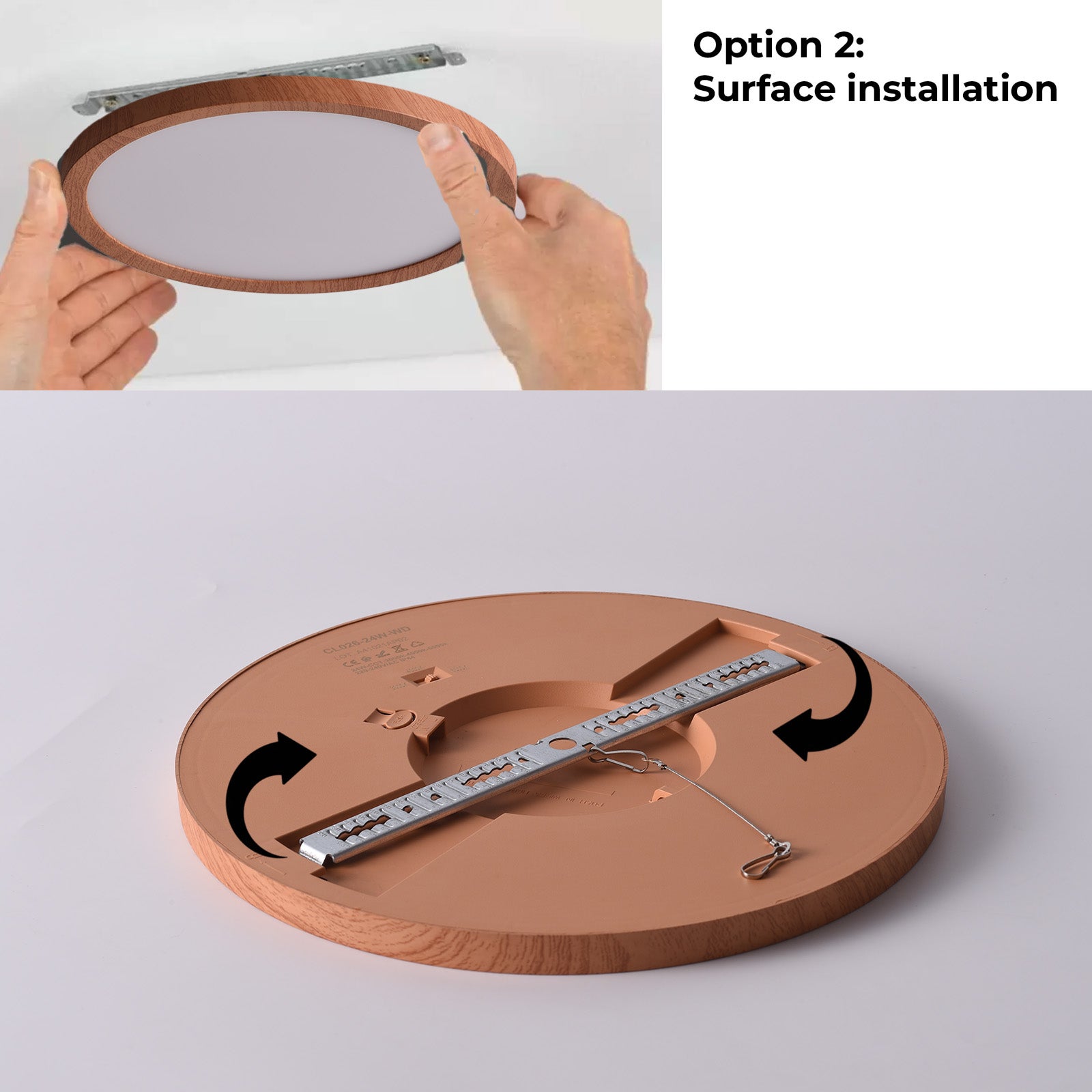 Plafón LED Circular Ø300 mm 24W IP44 empotrable/superficie efecto madera, CCT 3000K-4000K-6000K, corte ajustable Ø65-270 mm, diseño ultrafino 17 mm. - 5