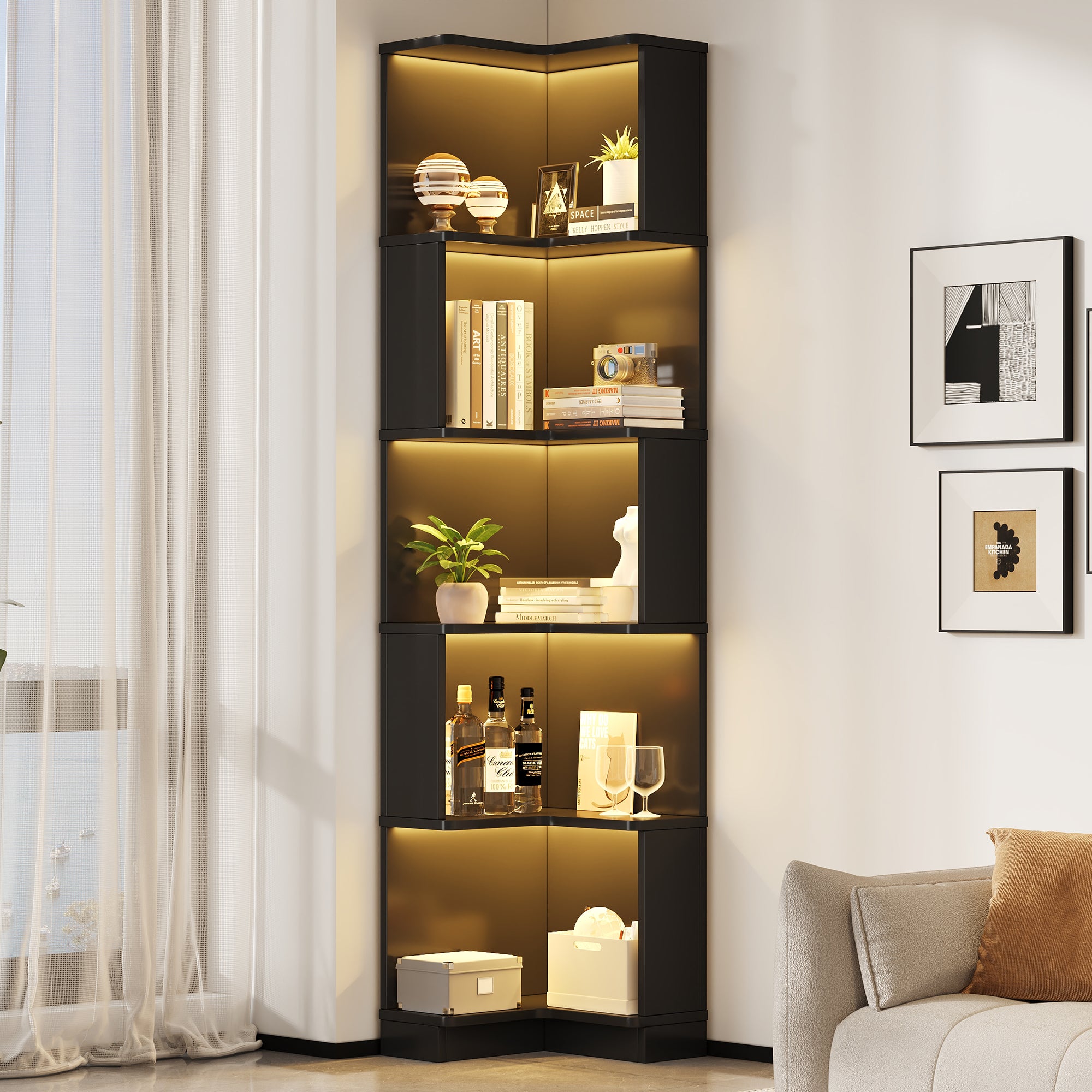 Libreria angolare con 5 ripiani - 63,5 x 45 x 175 cm - MDF - LED cambia colore - Nero - 5