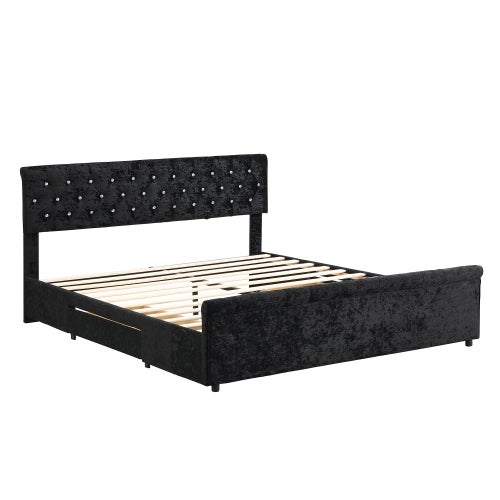 Letto capitonné 180 x 200 cm con rete a doghe e testiera, letto matrimoniale con 2 cassetti