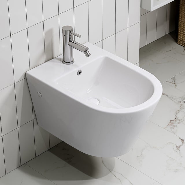 Bidet suspendu avec trou pour robinet et protection anti-débordement - Bidet mural en céramique - Douche hygiénique HOROW 52.5 x 36.5 x 30 cm