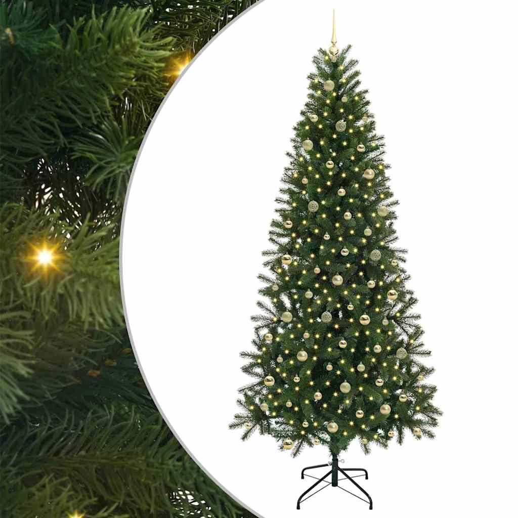 Albero Di Natale Artificiale in PVC innevato preilluminato, 210 cm altezza, 728 punte, 114cm dia, 310 led con 8 funzioni, base in metallo