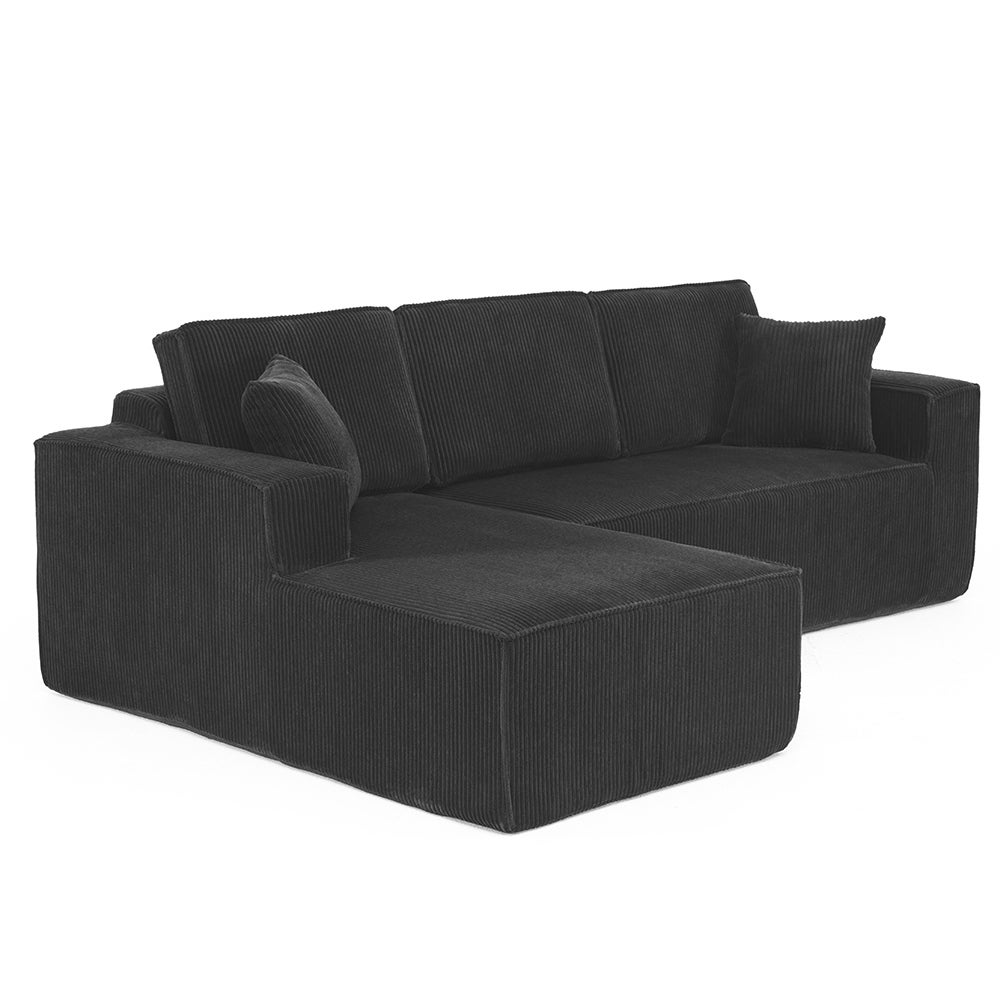 Canapé d'angle en L en velours côtelé compressé,2 places + coin chaise longue,noir,modulaire avec rembourrage en mousse haute densité - 2
