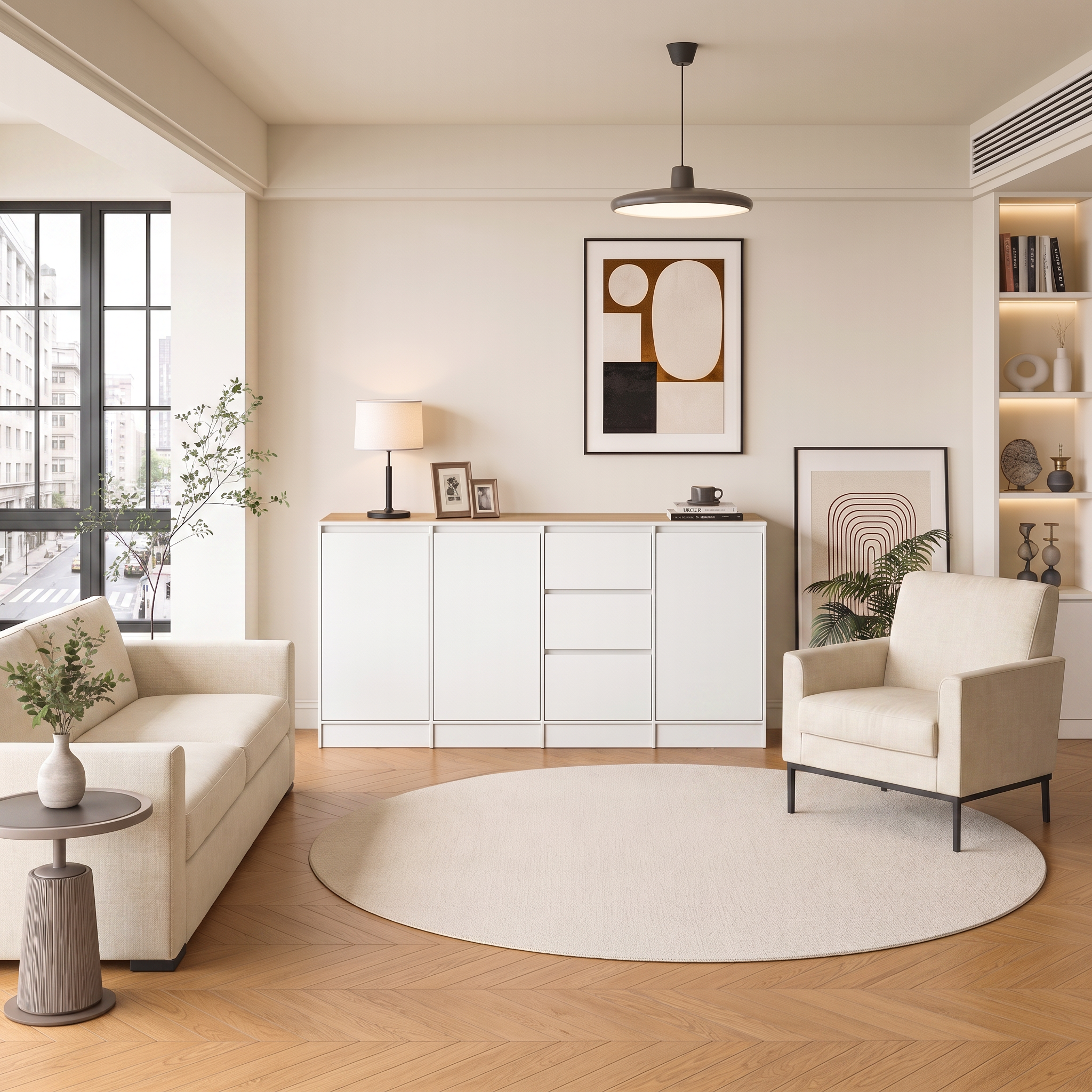 Buffet Bas avec 3 Portes et 3 Tiroirs pour Salon, Meuble de Rangement avec Plateau avec Aspect du bois, 180 x 35 x 80 cm, Blanc Mat - 8