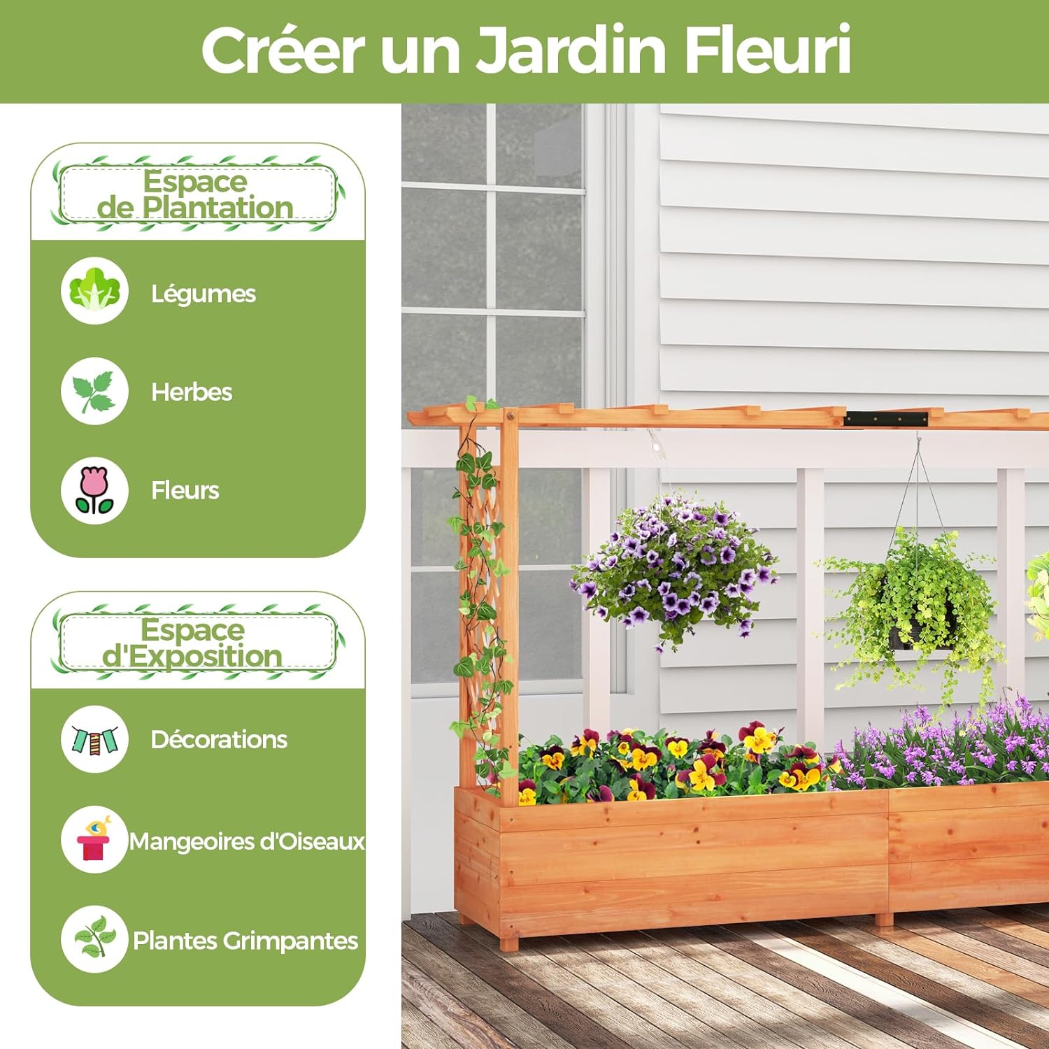 Jardinière Surélevée avec Treillis, Lit de Jardin en Bois avec Toit Suspendu, Trous de Drainage, 200x44x114cm - 5