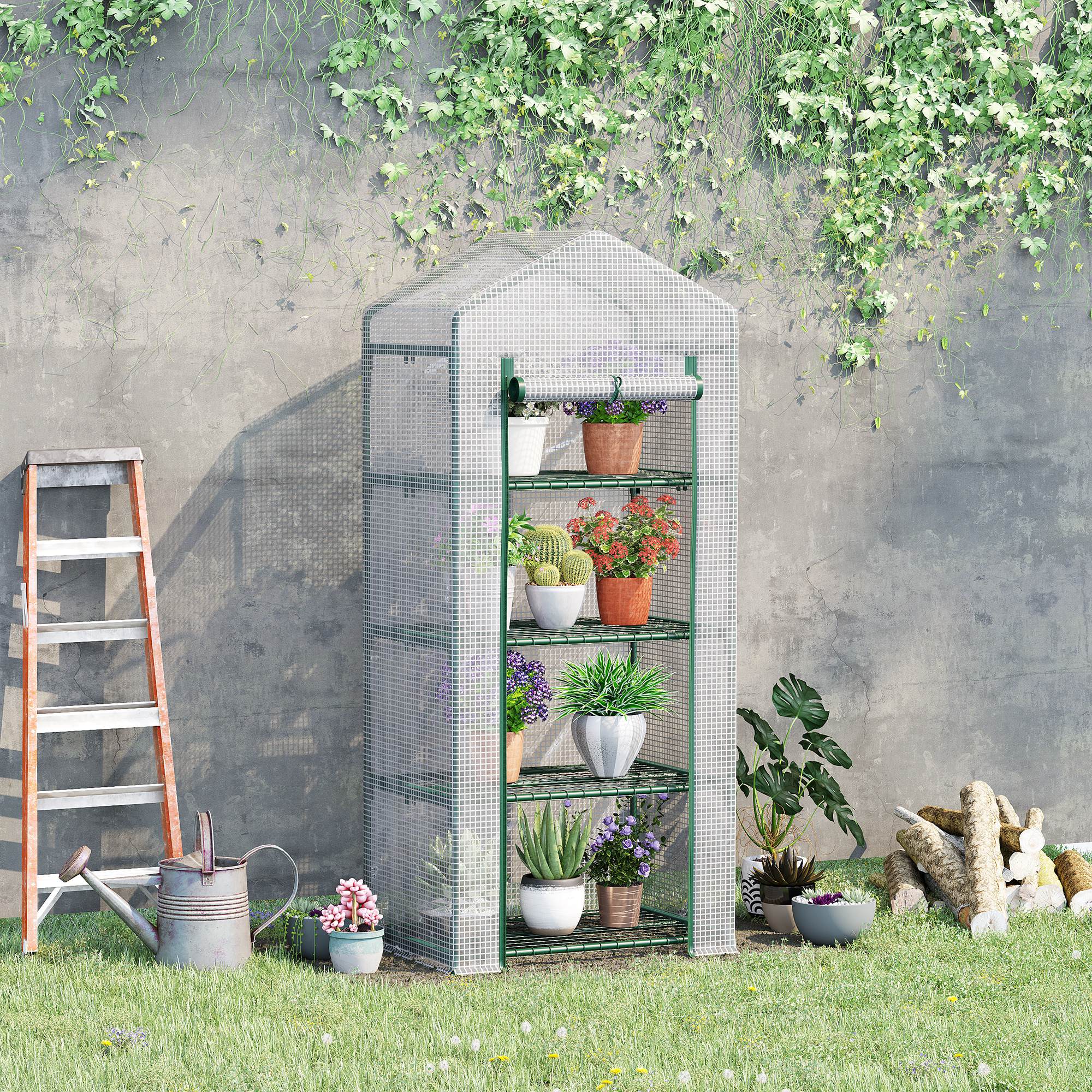 Outsunny Serre de jardin PE avec étagères 4 niveaux, serre de balcon, bâche renforcée 140 /m², châssis en acier, porte zippée enroulable 70x50x160cm - 3