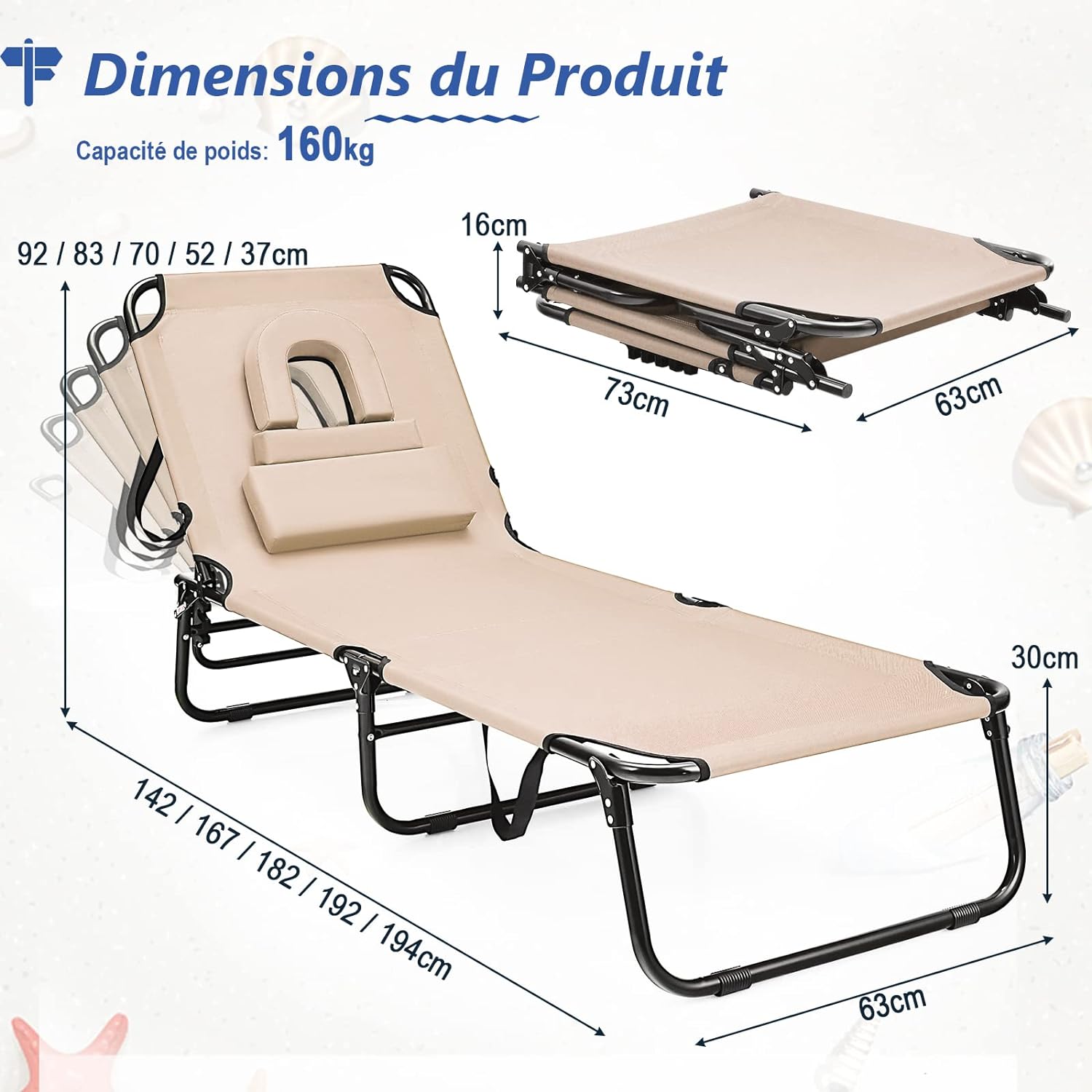 Transat Jardin Extérieur/Chaise Longue Pliante Réglable en 5 Positions, Bain de Soleil avec Trou pour Visage, 3 Coussins Amovibles, Charge 160 KG - 3