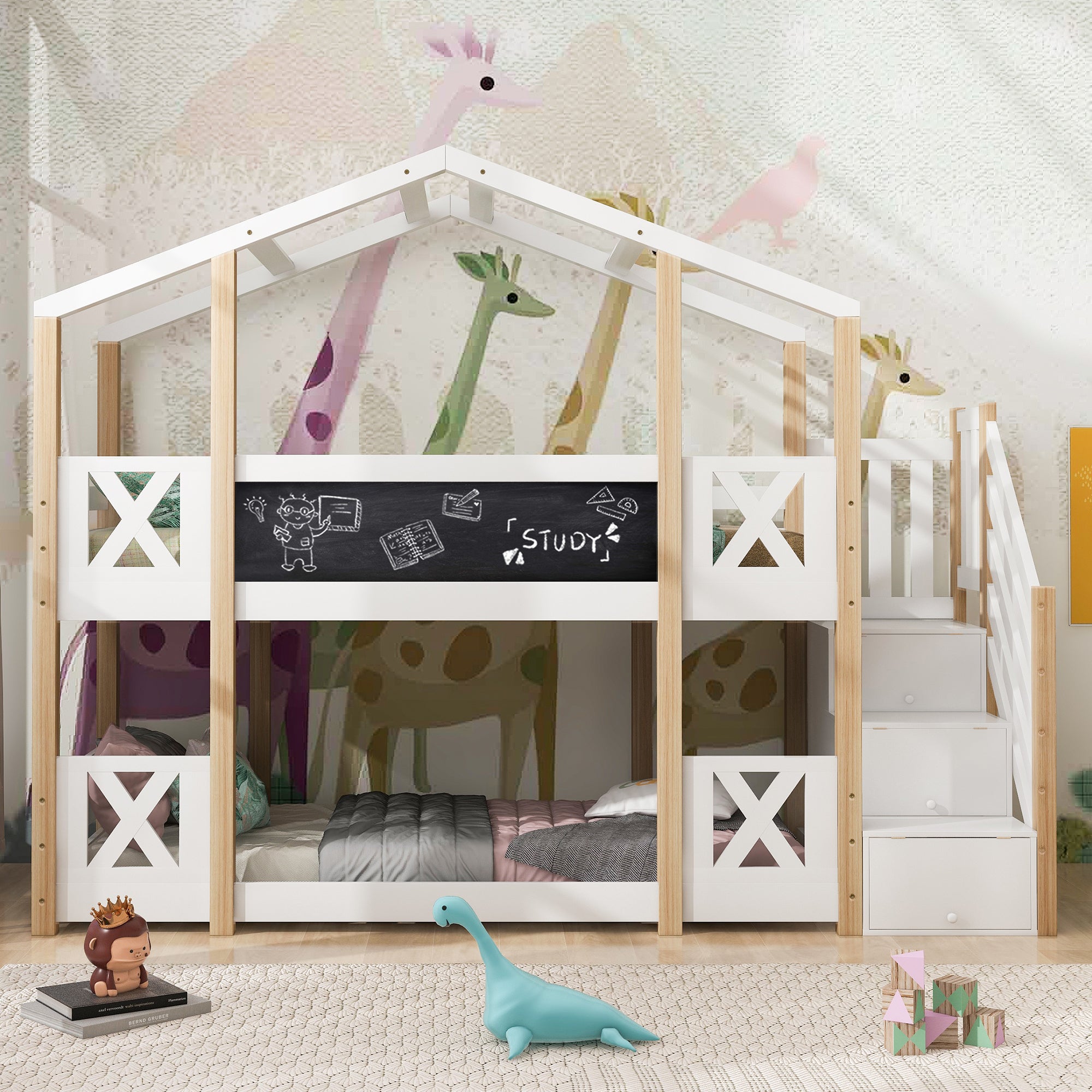 Lit Enfant 90x200 Cm Avec Barrières Anti-chute Et 2 Tiroirs - Lit Maison En Pin Massif, Style Montessori