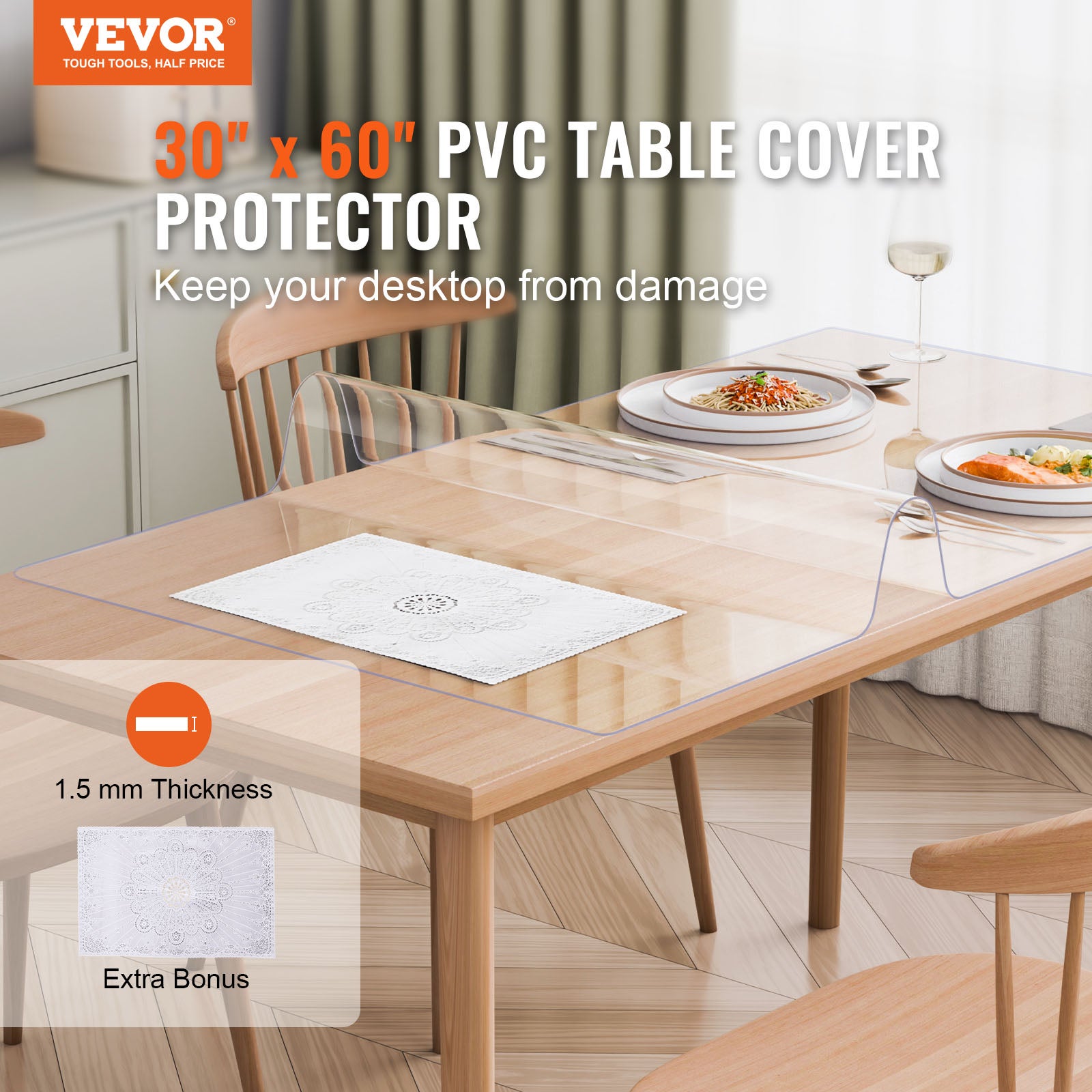 Protector de mesa de PVC transparente,VEVOR 30 x 60 pulgadas,1,5 mm de grosor,rectangular,impermeable y fácil de limpiar,apto para restaurantes - 2