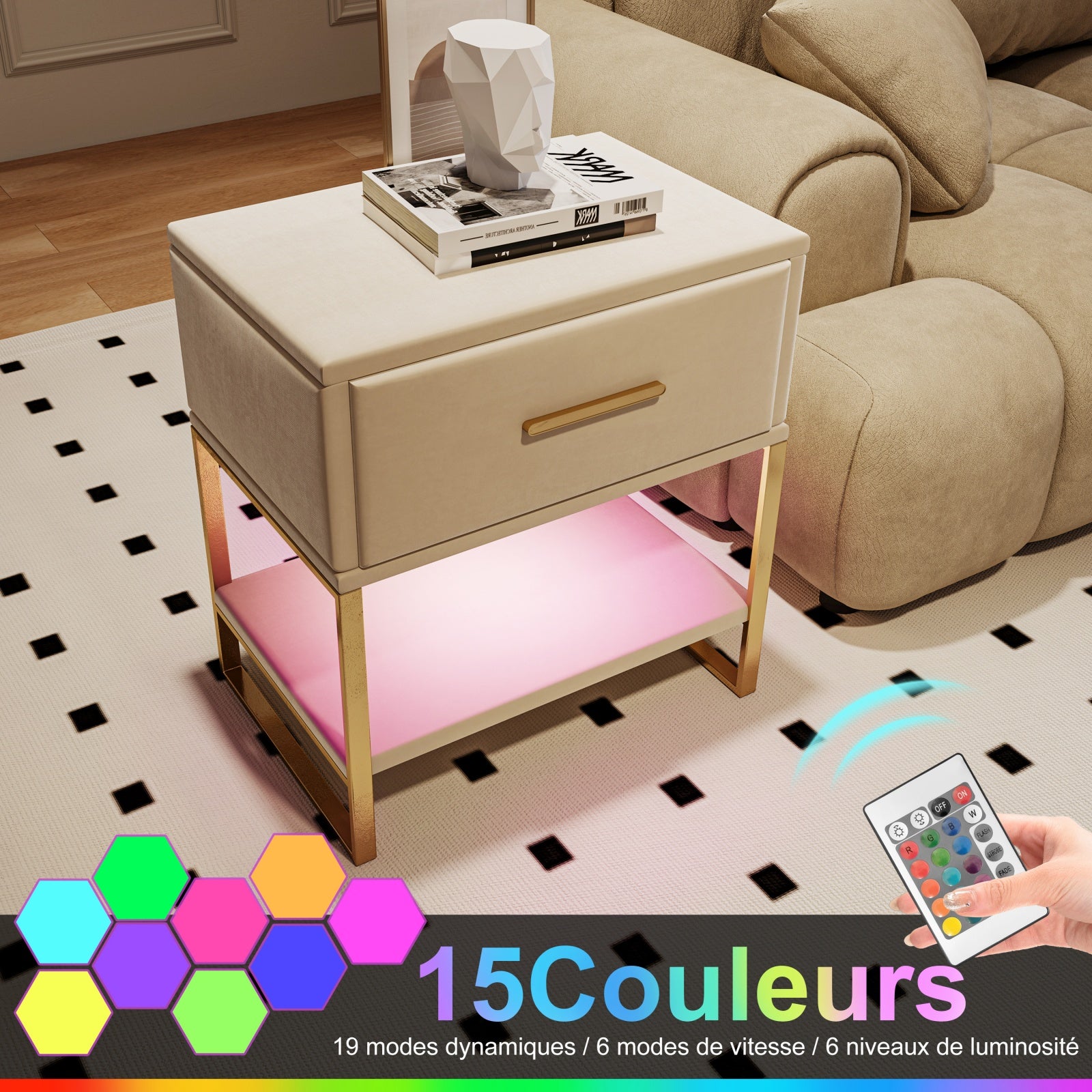 Lot de 2 Tables de chevet avec tiroir, éclairage LED et étagère ouverte – Cadre métallique doré,40×31×50 cm,velours beige - 6