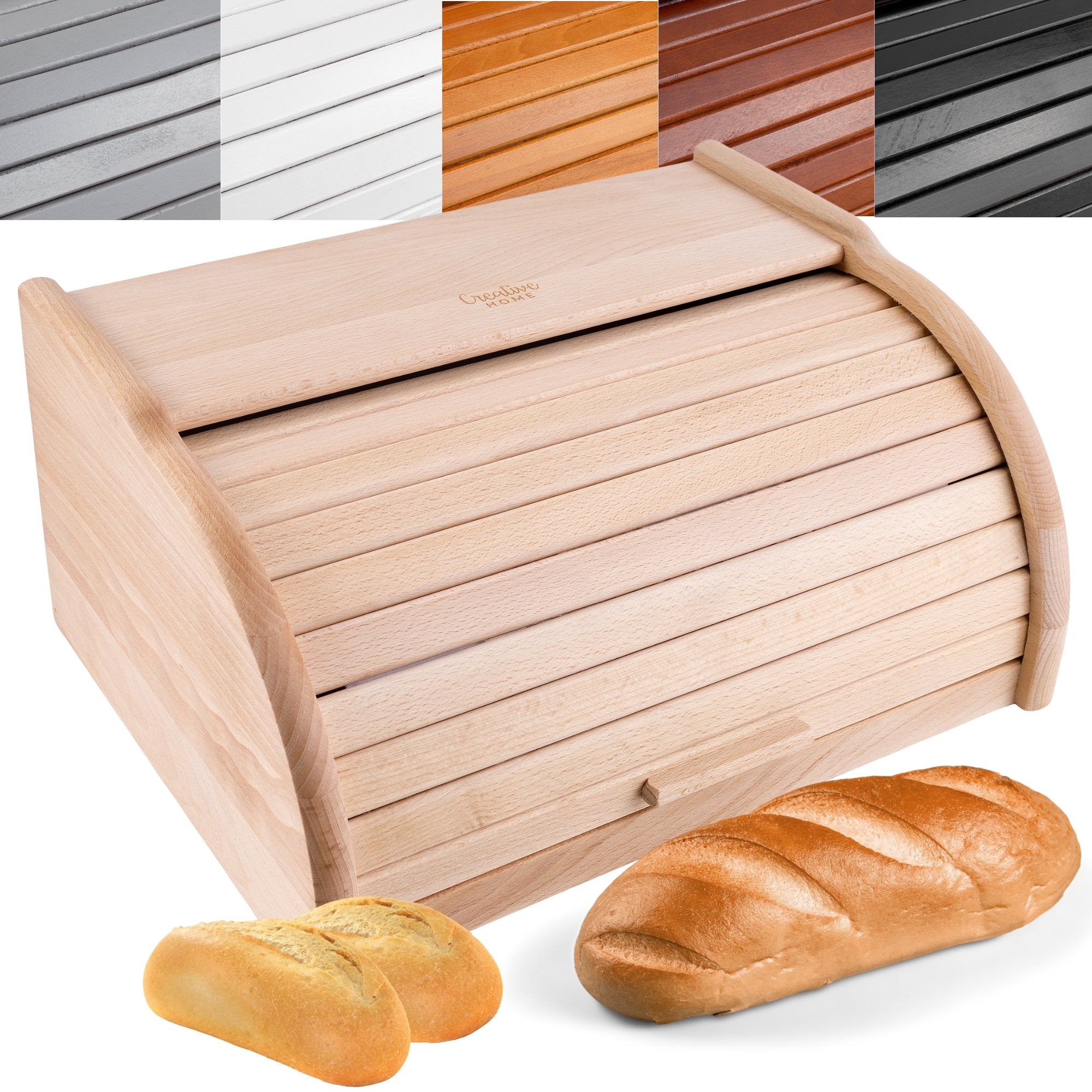 Creative Home Porta-Pane Legno Beige | Moderno | 38 x 28,5 x 17,5cm (+/-1cm) | Contenitore Pane | Coperchio Scorrevole Avvolgibile | Apertura Frontale