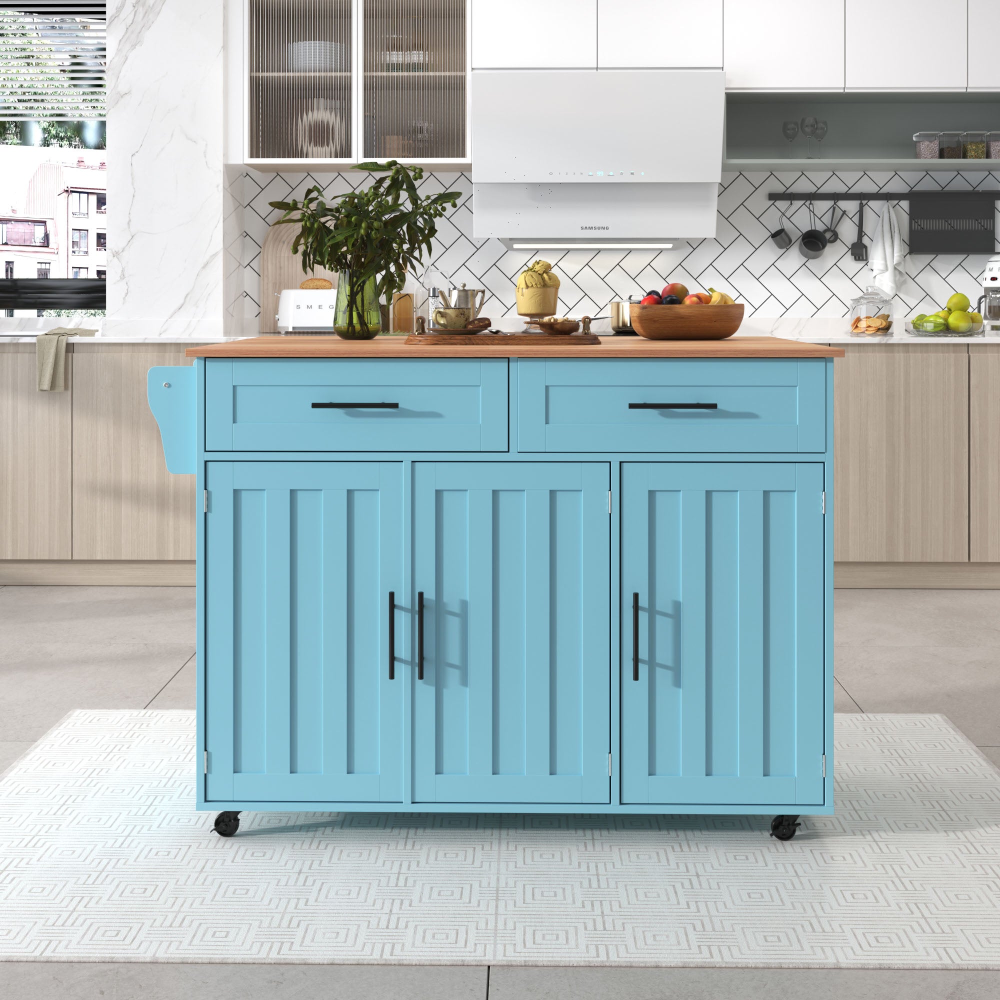 Wózek jadalniany 129x46(71)x91,5 cm, niebieski kredens, składany blat z litego drewna, kółka, wymienne nogi z litego drewna