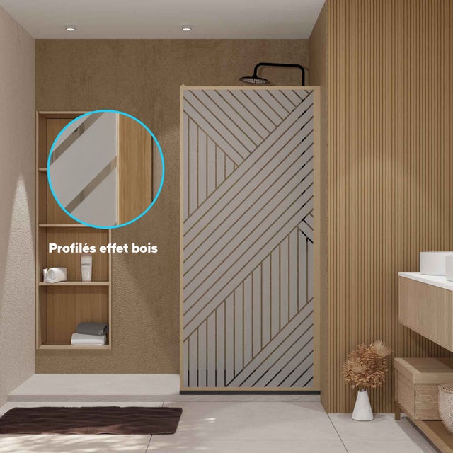 Paroi de douche 90x200 HINATA - Style Japandi Geometrique - Cadre Effet Bois - Verre 6mm