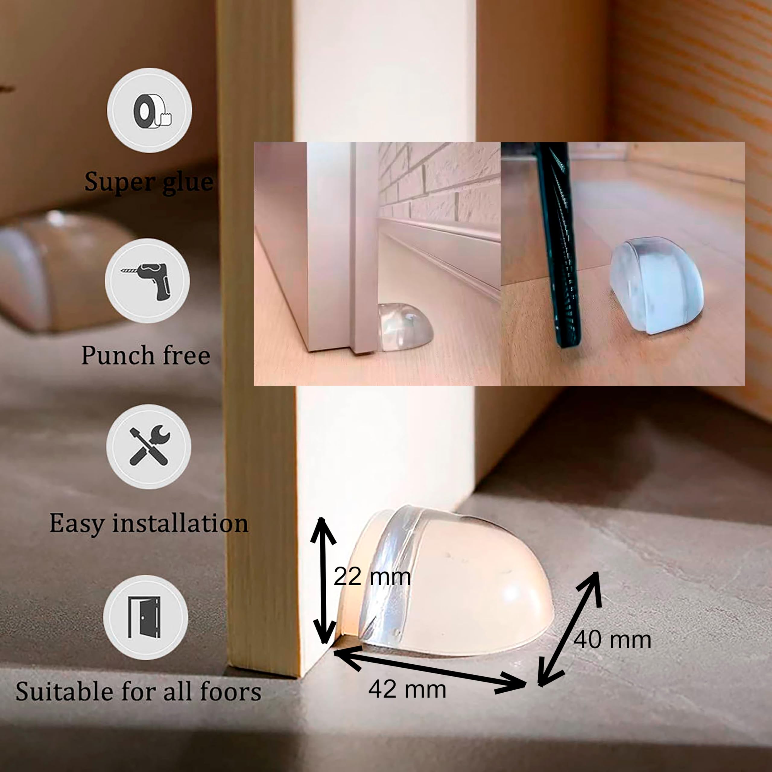 Lot de 6 butées de porte adhésives sans perçage - Butée de porte universelle, butée de porte intérieure robuste pour portes antichoc - 5