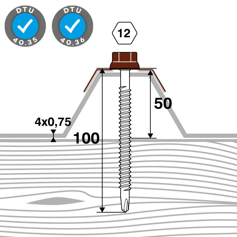 Kit 50 fixations bac acier sur bois Ø6,3 x 100 ROUGE RAL8012 SCELL-IT - 4