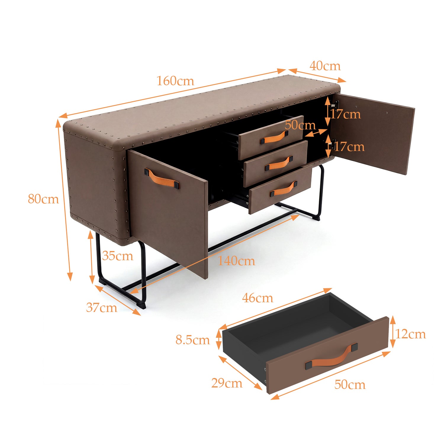 Commode de Chambre avec 3 Tiroirs et 2 Porte, Meuble de Rangement en Cuir avec Pieds en Métal, 160x39x80.5, Marron - 2