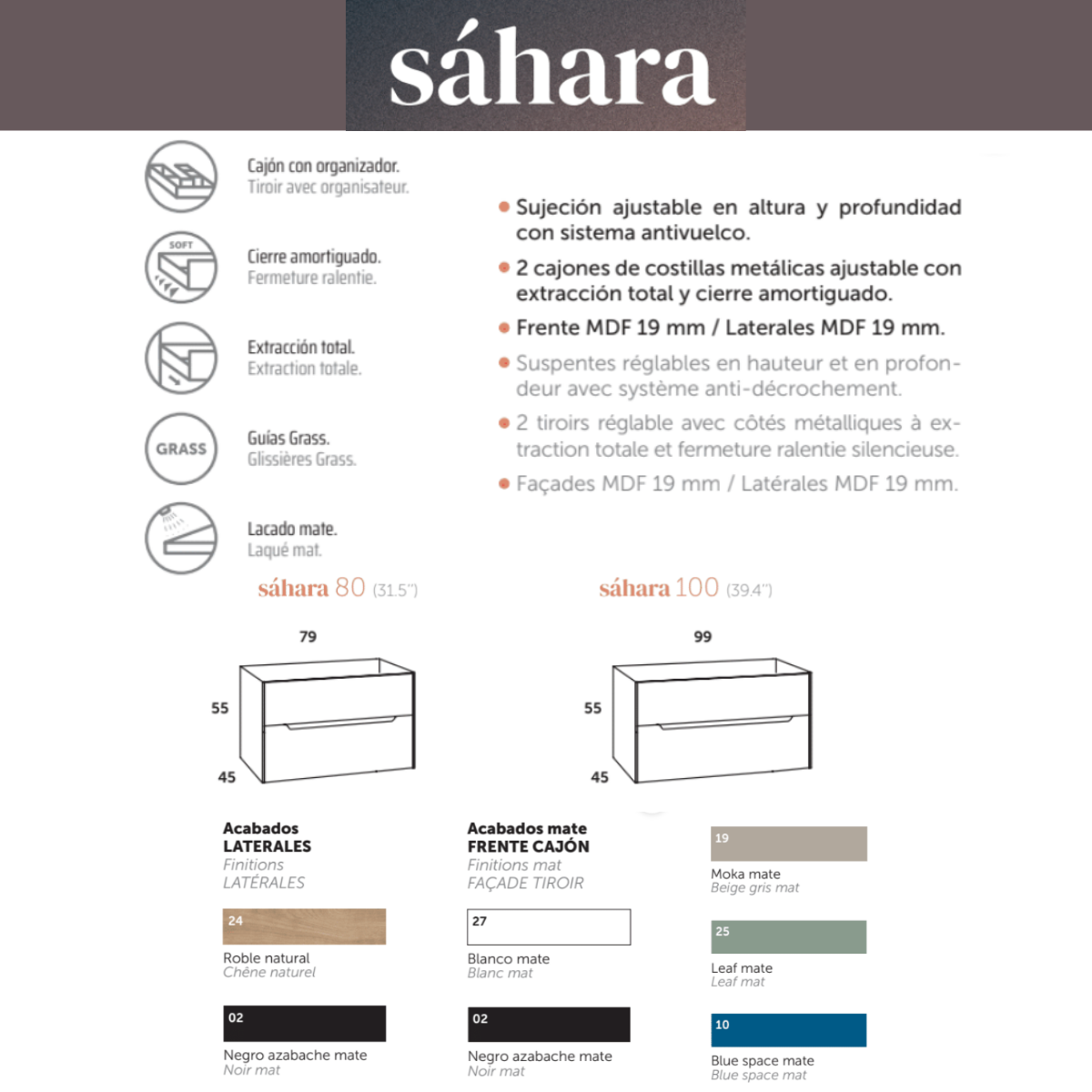 Mobili da bagno a muro con lavandino in ceramica | 2 cassetti con maniglia e organizzatore per chiusura imbottita | Quercia Naturale - Bianca | 100cm - 4